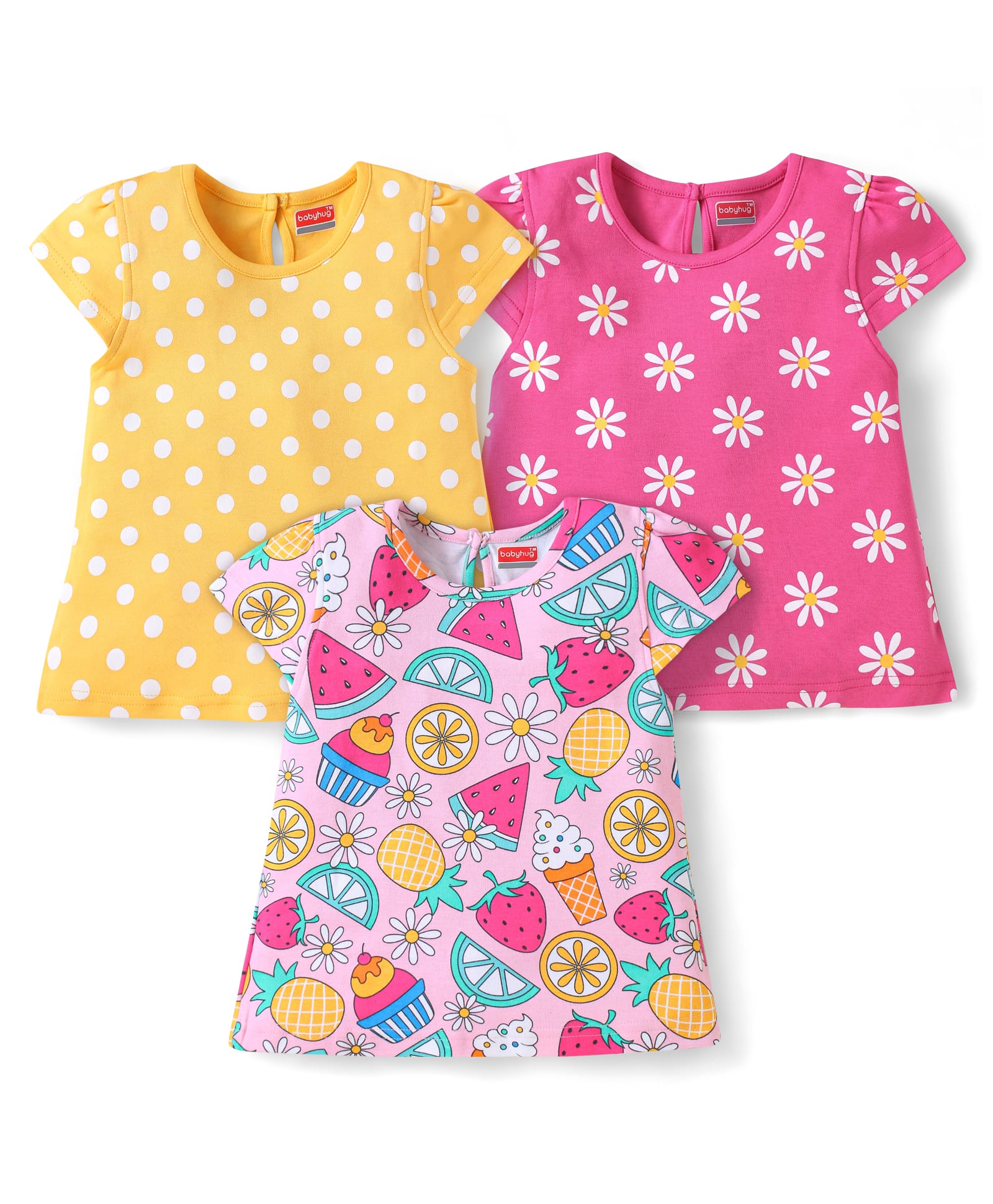 Babyhug Cotton Knit Cap Sleeves T-Shirts with Polka Dots & Floral Print Pack of 3 - Yellow Dark & Light Pink-image-46