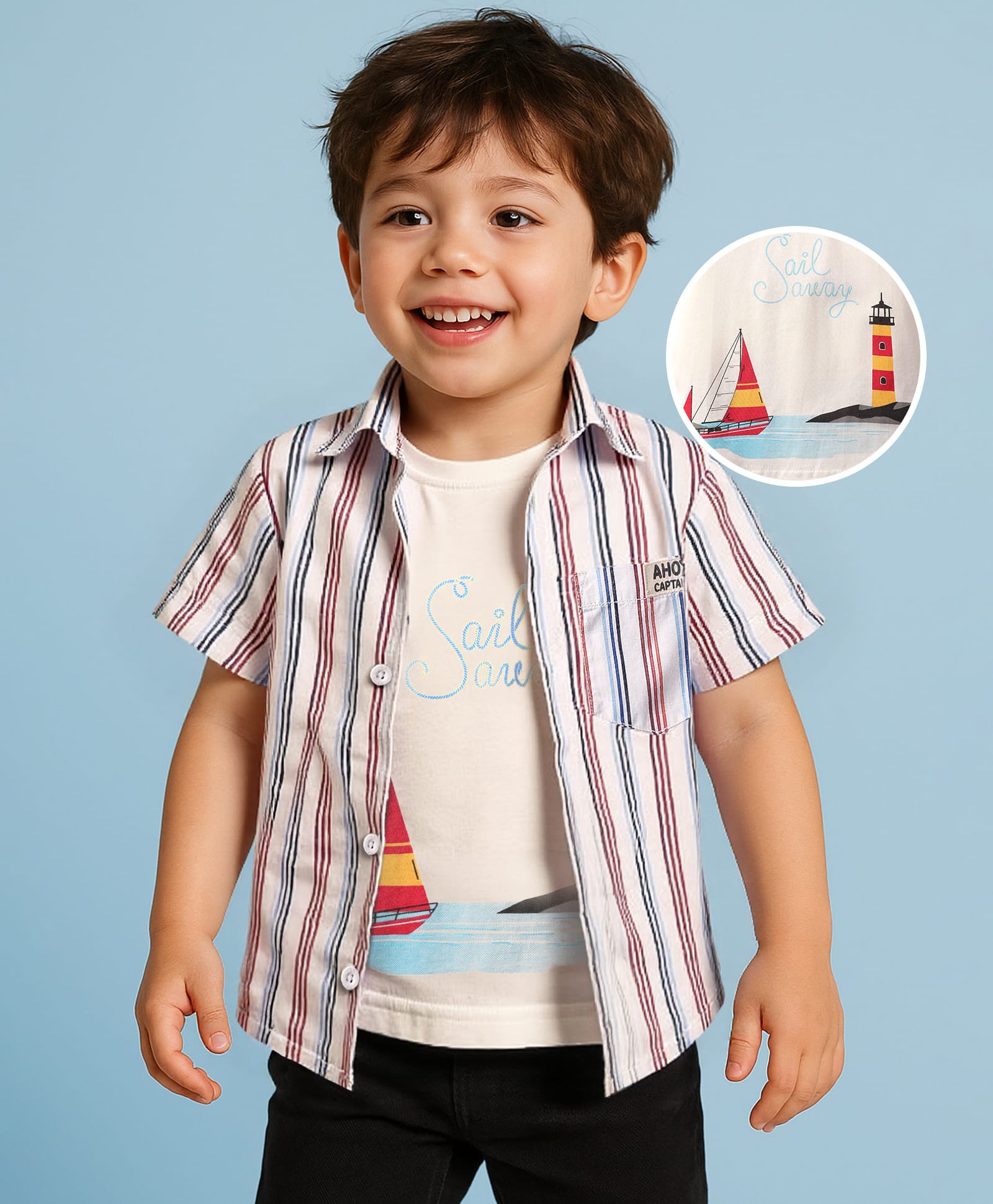 Babyhug 100% Cotton Half Sleeves Striped Shirt With Sleeveless Nautical Theme Printed T-Shirt - Red Blue & White-image-49