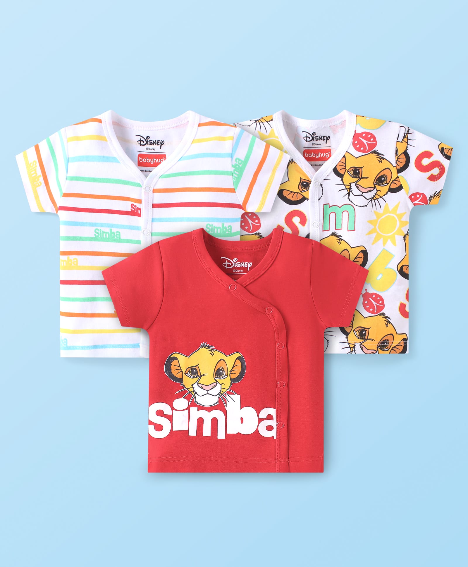 Babyhug Disney Cotton Knit Half Sleeves Jhablas with Lion King Graphics & Stripes Pack of 3 - Red & White-image-45
