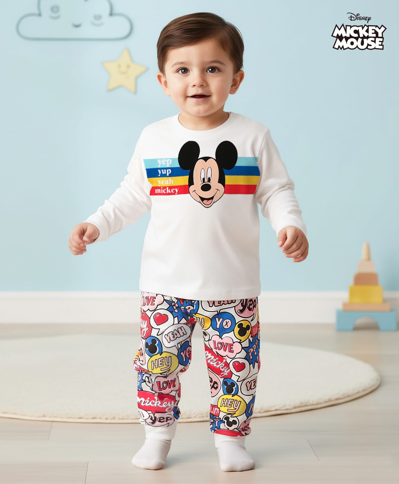 Babyhug Disney Single Jersey Knit Full Sleeves Night Suit with Mickey Mouse Graphics - White-picture-11