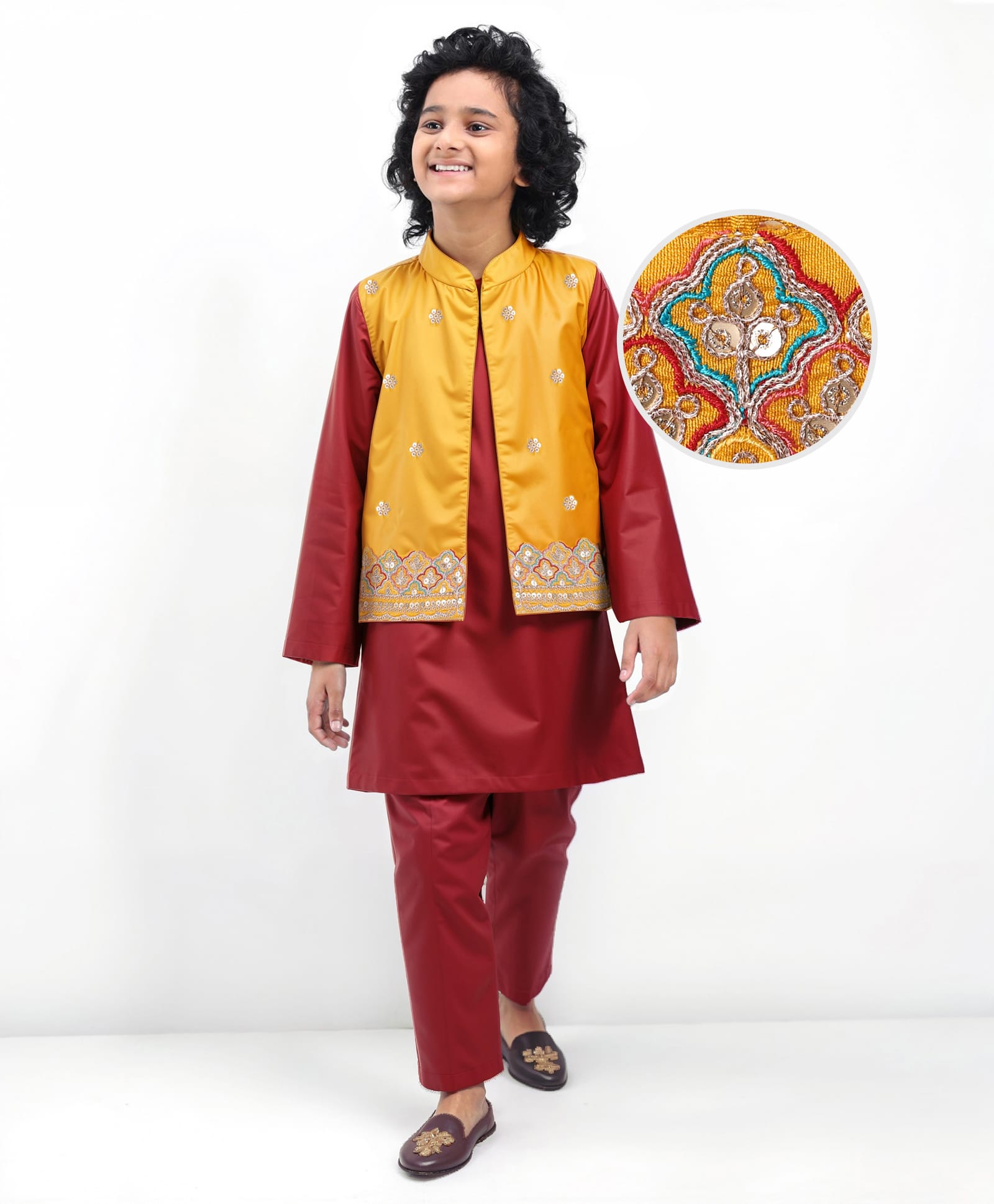 Pine Kids Woven Full Sleeves Solid Color Kurta Pyjama Set with Floral Embroidered & Mirror Work Detailing Jacket - Maroon & Yellow-picture-38