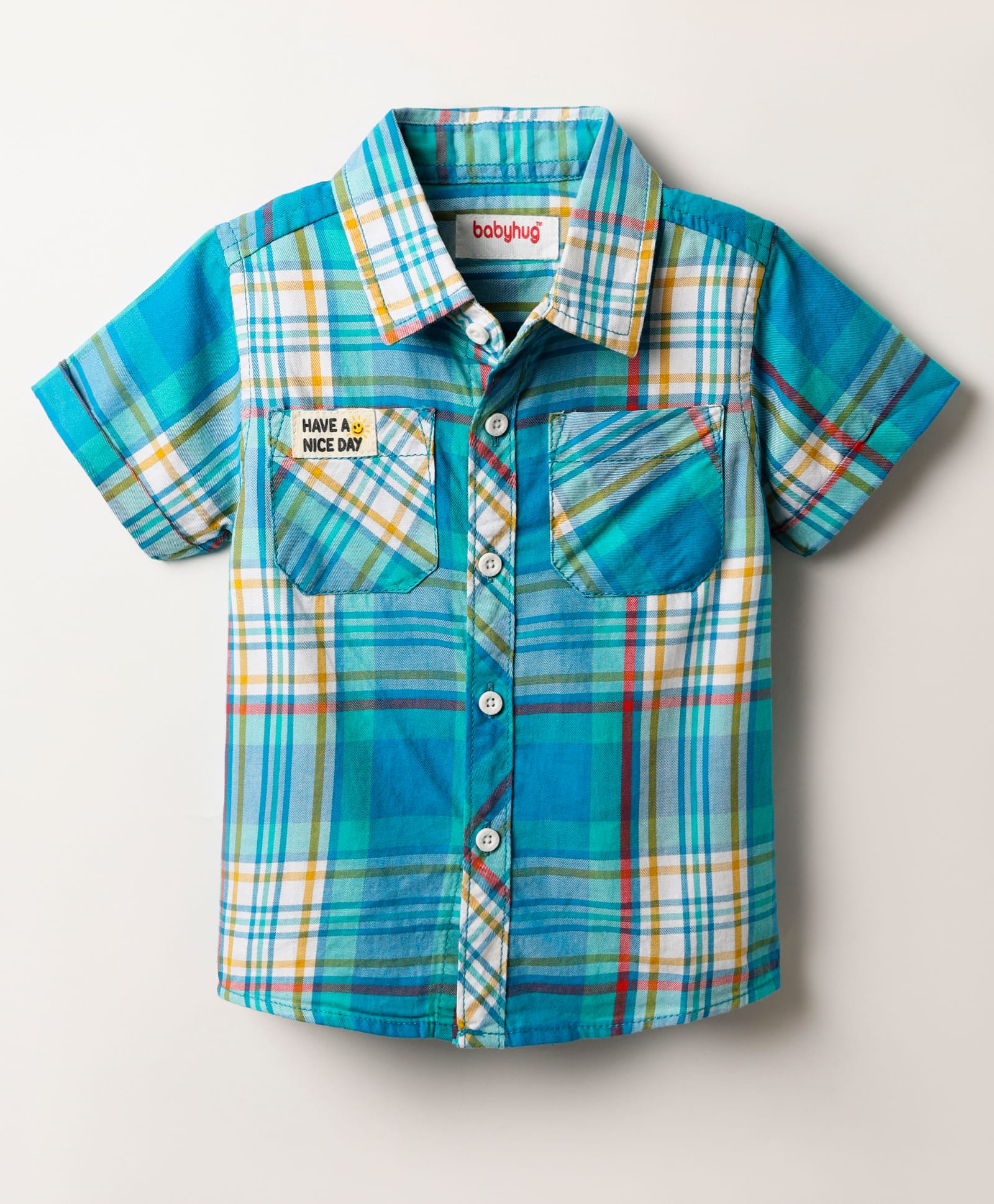 Babyhug Cotton Woven Half Sleeves Checkered Shirt - Teal Blue-image-5
