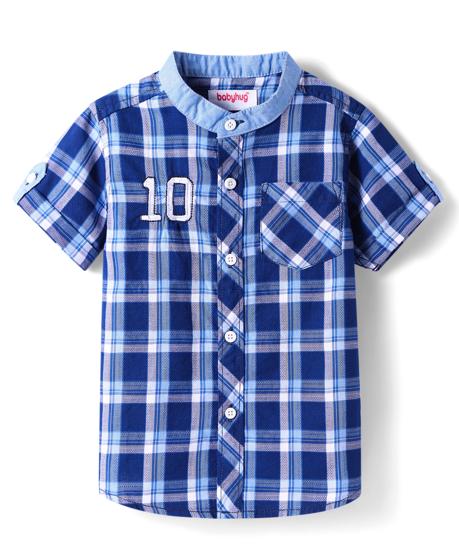Babyhug Cotton Woven Half Sleeves Shirt With Mandarin Collar & Check - Navy Blue-image-31