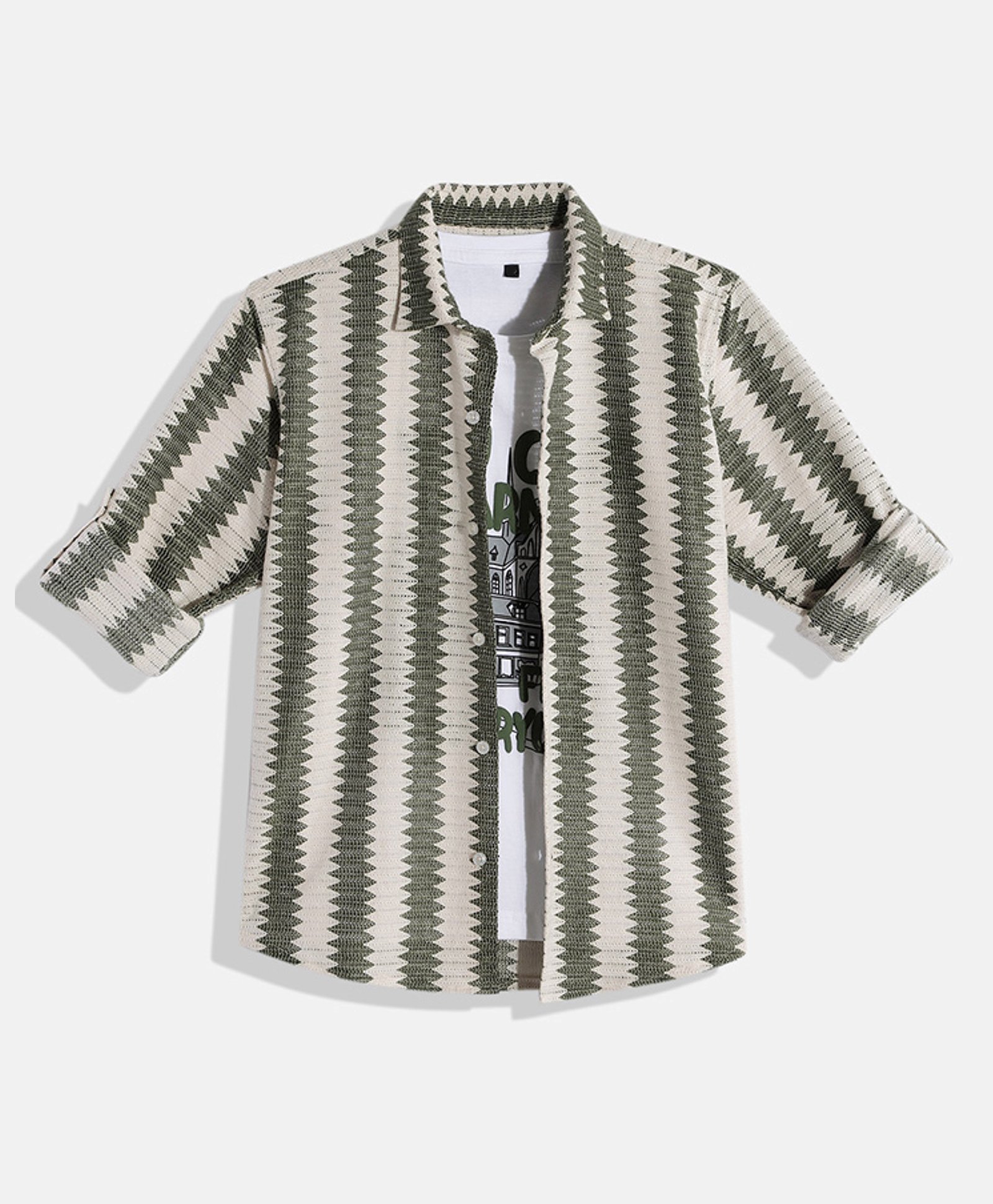 CAVIO Cotton Full Sleeves Zigzag Printed Shirt With Tee - Green-picture-26