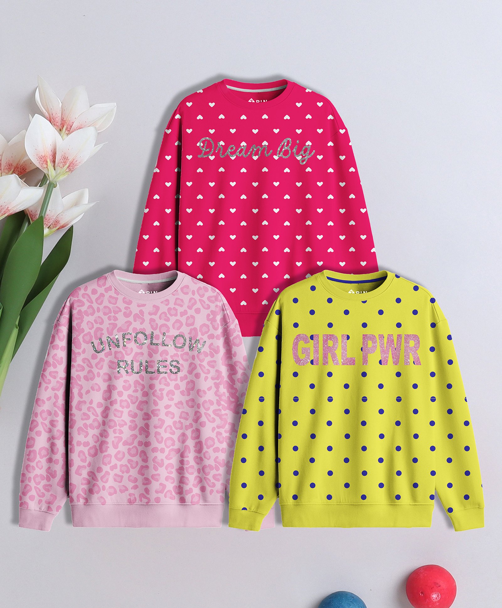 3PIN Cotton Terry Pack Of 3 Full Sleeves Polka Dots & Hearts Printed Sweatshirts - Multi Colour-image-40