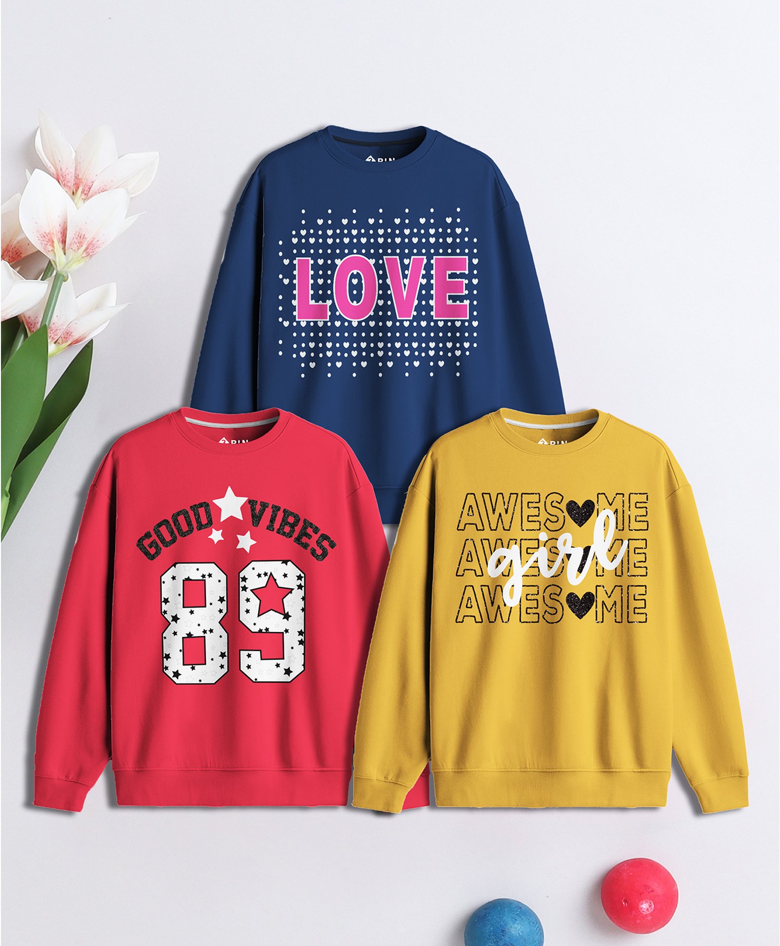 3PIN Cotton Terry Pack Of 3 Full Sleeves Love Text & Hearts Printed Sweatshirts - Multi Colour-image-44