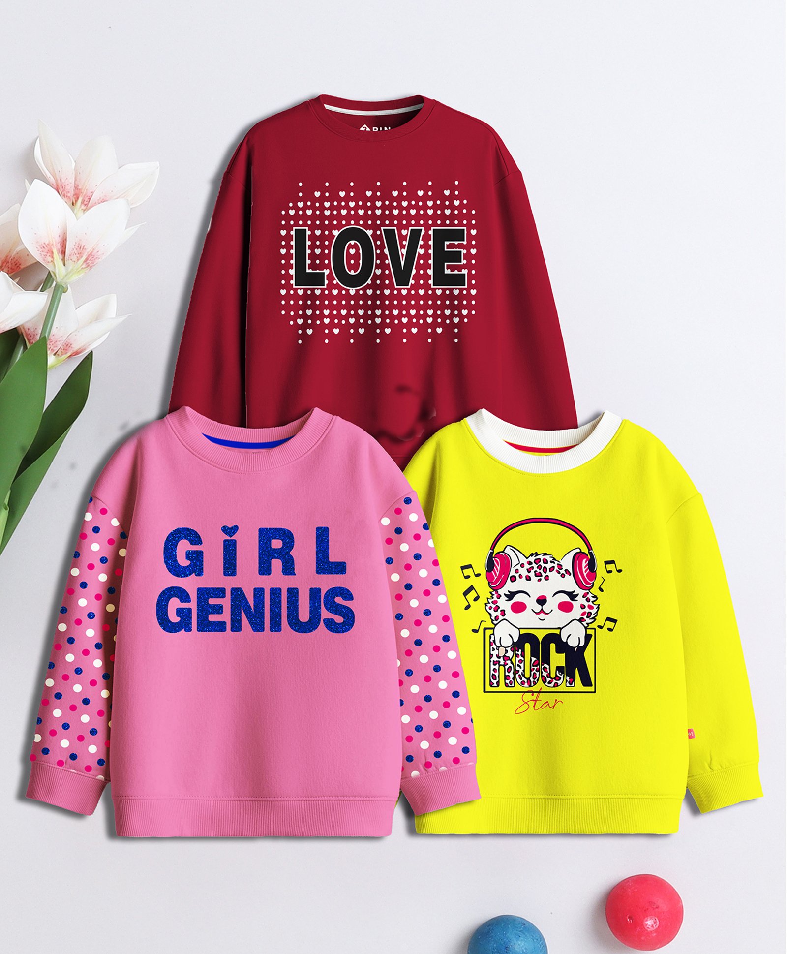 3PIN Cotton Terry Pack Of 3 Full Sleeves Cat & Hearts Printed Sweatshirts - Multi Colour-image-41