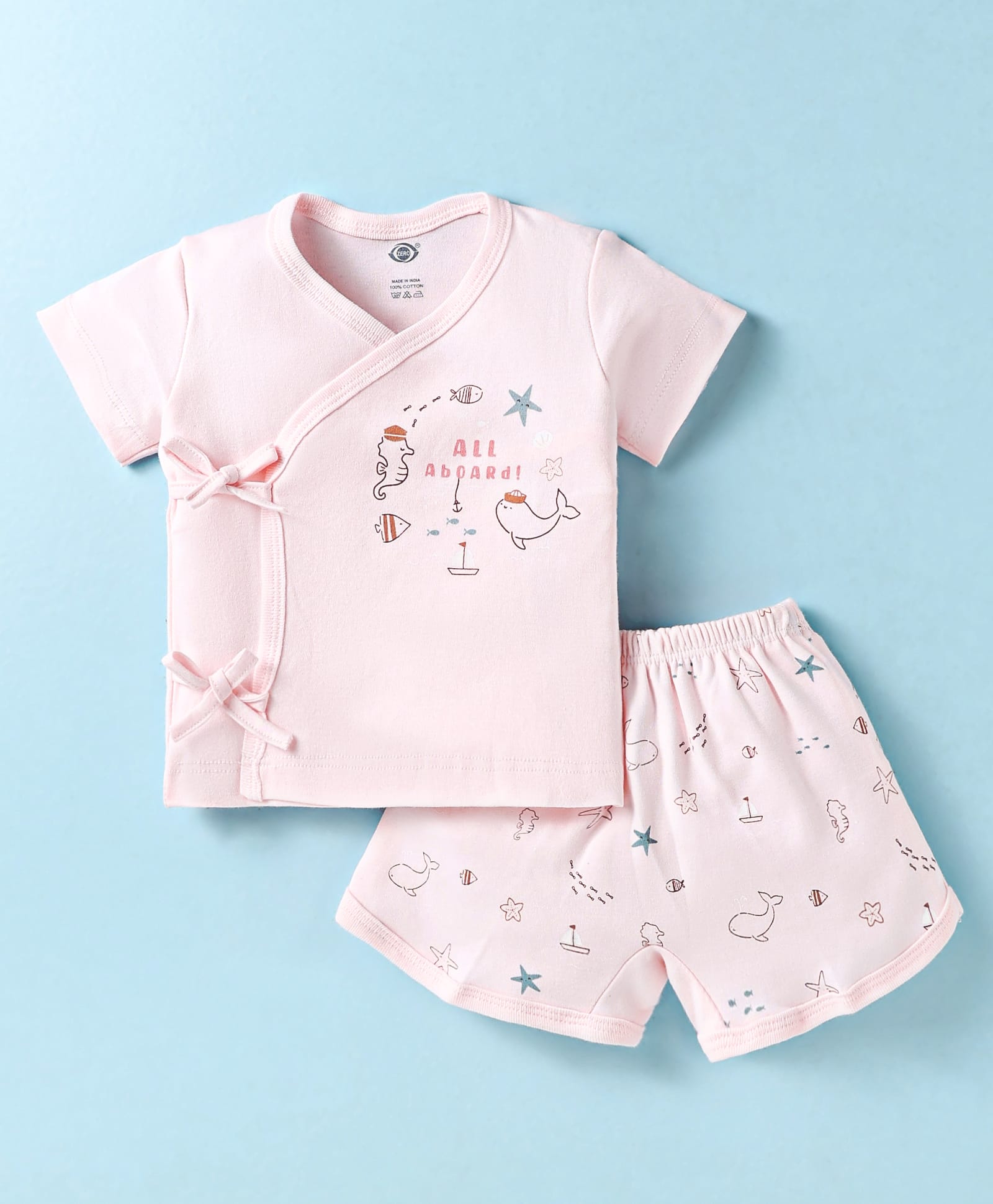 Zero Interlock Knit Half Sleeves Shorts Night Suit with Sea Life Print - Baby Pink-image-41