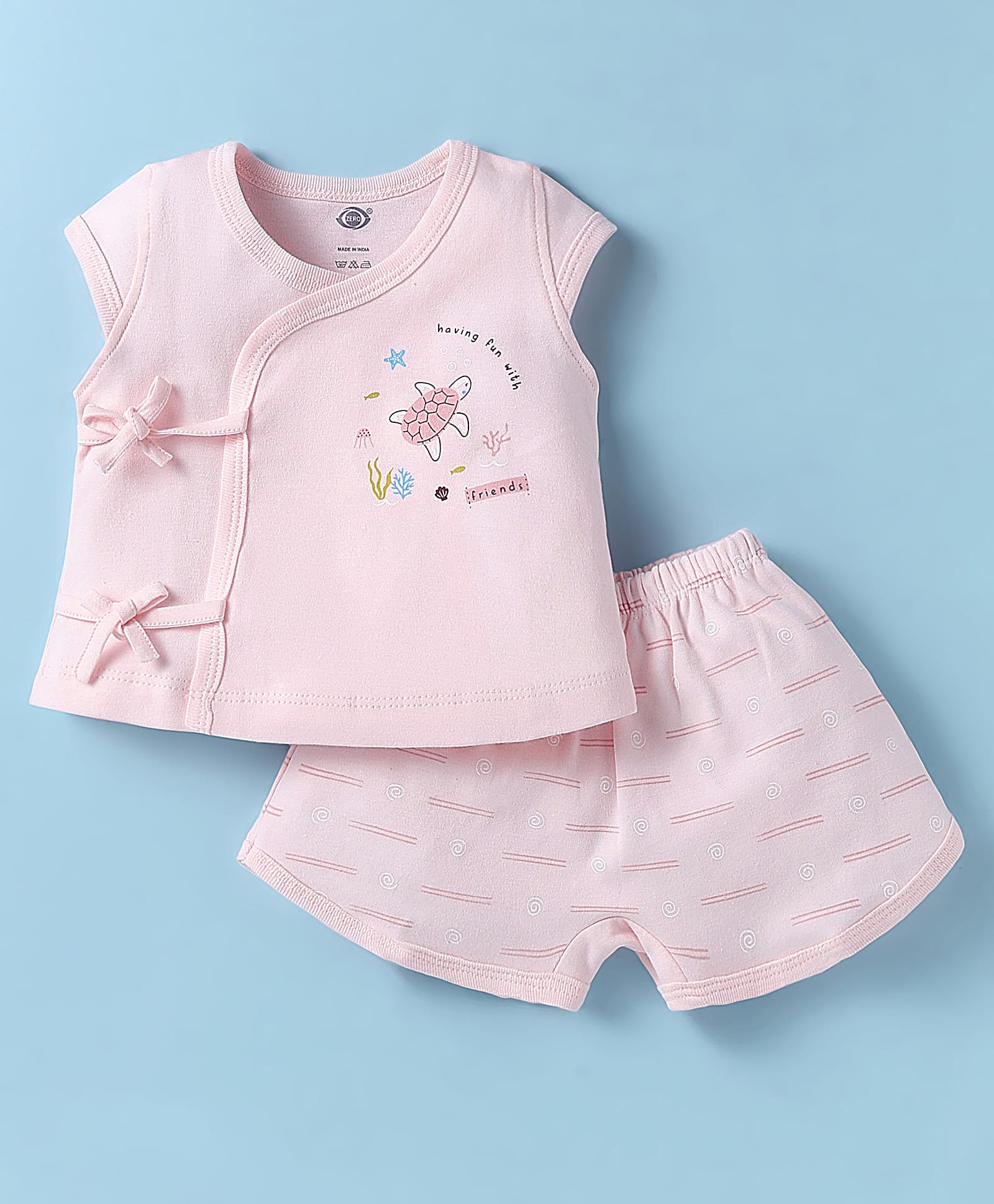 Zero Interlock Knit Half Sleeves Shorts Nightsuit with Turtle Print - Peach-image-24