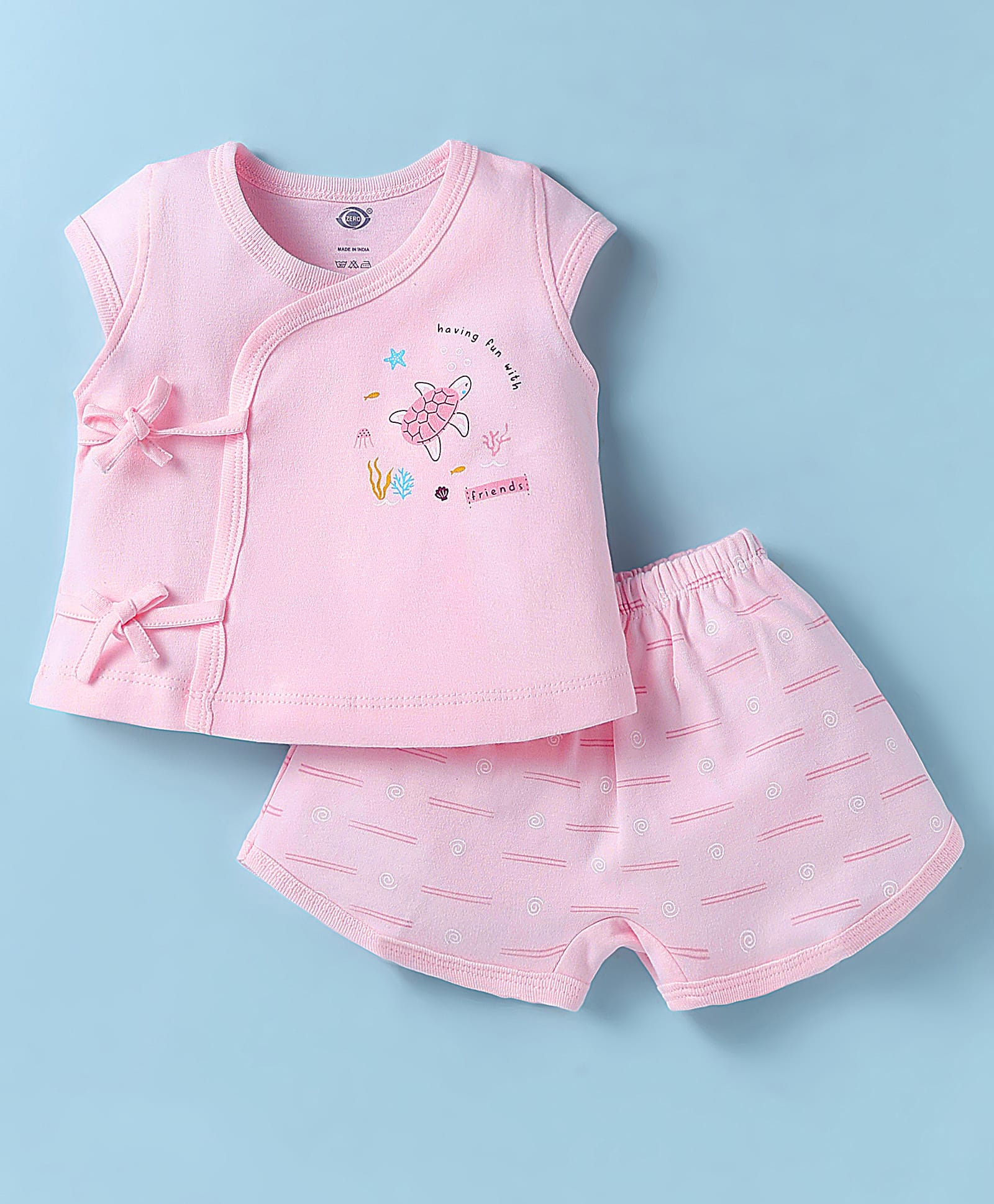 Zero Interlock Knit Half Sleeves Shorts Nightsuit with Turtle Print - Baby Pink-image-41
