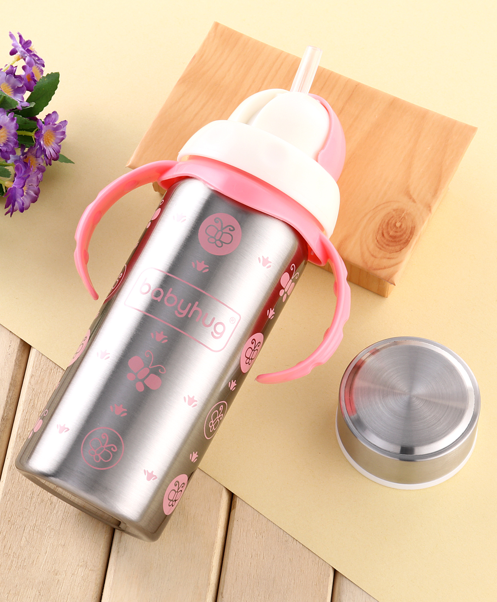 Babyhug 2-in-1 Stainless Steel Twin Handle Straw Sipper Blue - 180 ml| Dishwasher and Sterilizer Safe| Slow Flow Nipple| Straw Sipper with Flip Cap| Water Bottle| Leak Proof| Standard Neck Bottle-image-2