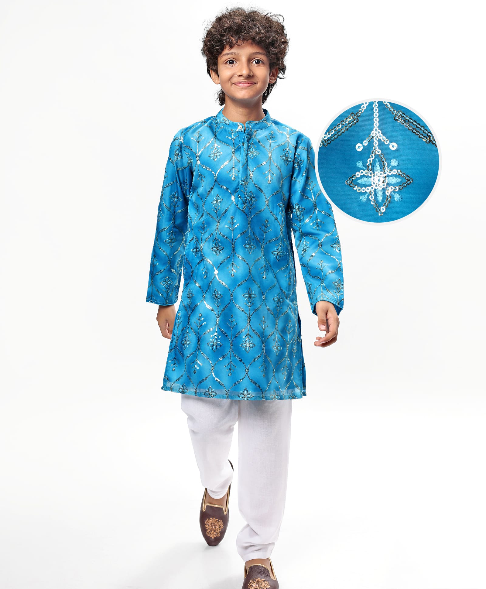 Pine Kids Woven Full Sleeves Kurta Pyjama Set With Sequin Detailing - Blue-picture-11