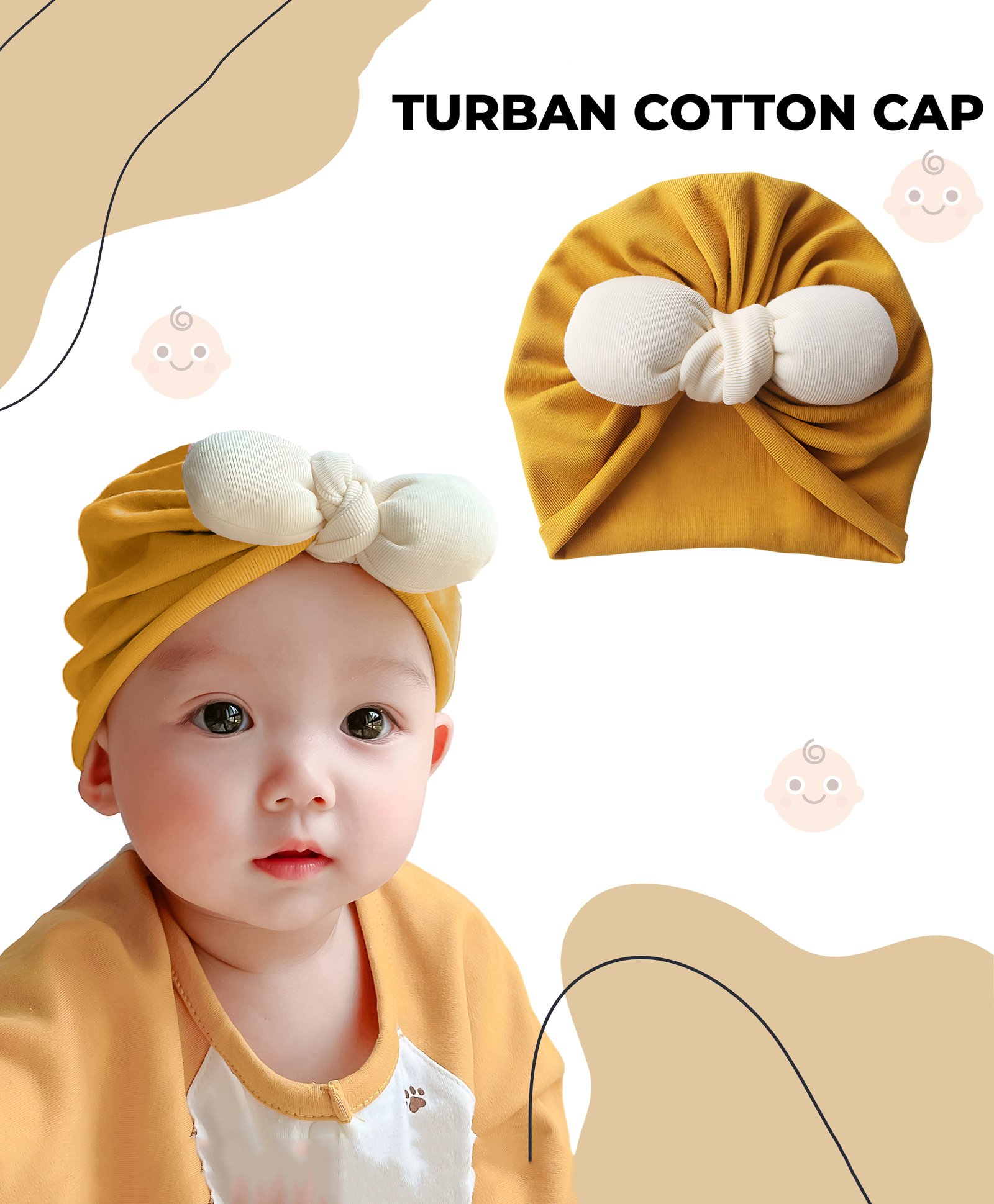 Bembika Cotton Bow Applique Detailed Turban Cap - Yellow-image-47