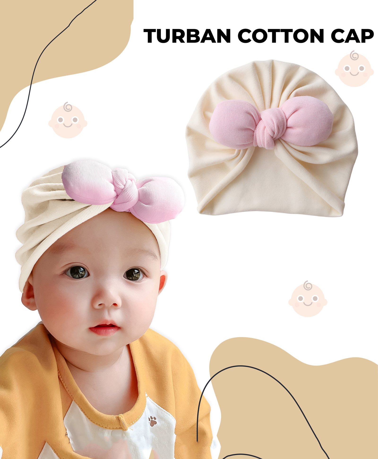 Bembika Cotton Bow Applique Detailed Turban Cap - Beige-image-2
