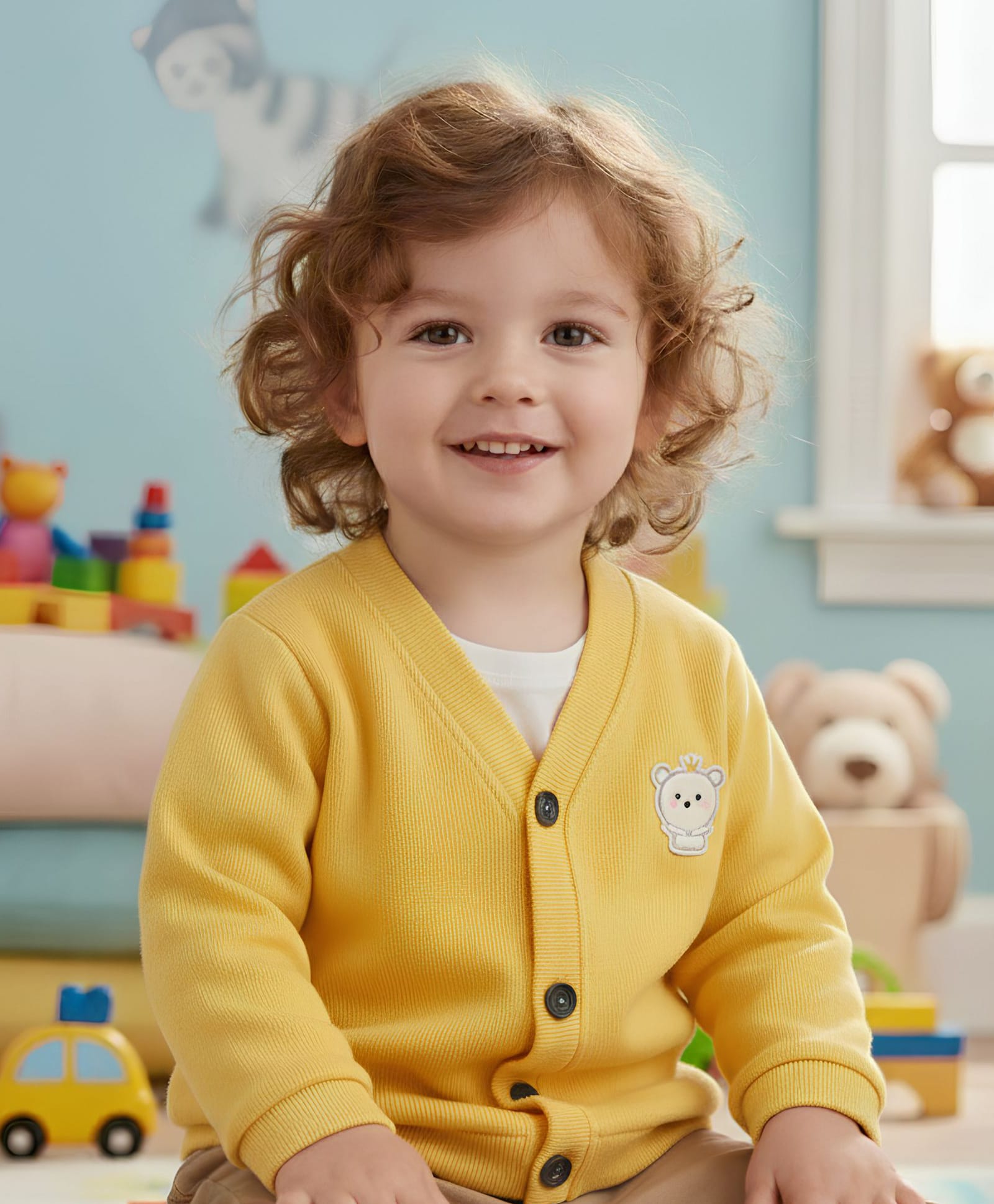 Bembika Woollen Knit Full Sleeves Elephant Patch Detailed Front Open Sweater - Yellow-image-23