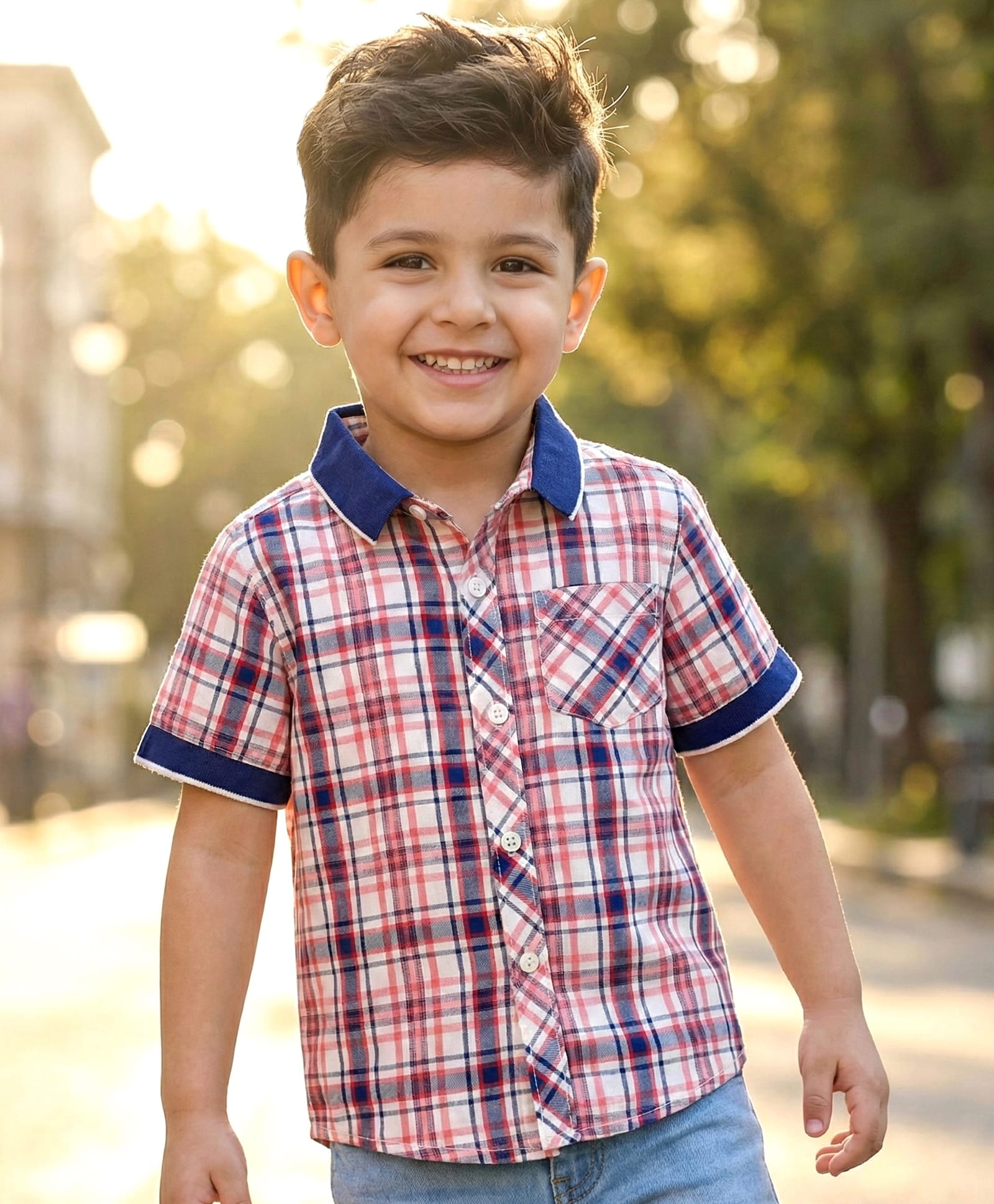 Babyhug Cotton Woven Half Sleeves Shirt with Check Print - Red & Navy Blue-image-29
