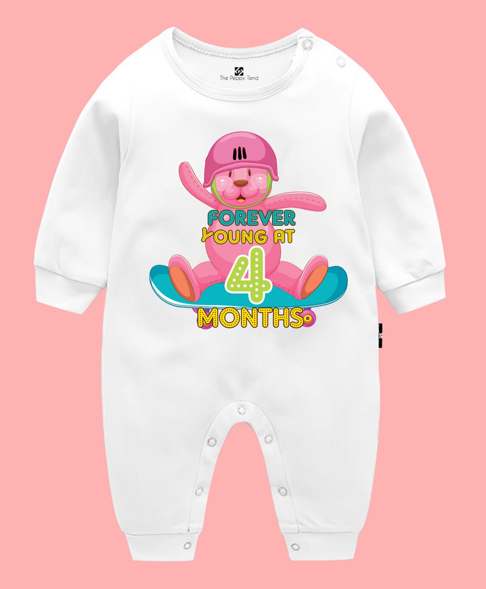 The Peppy Tend Monthly Birthday Theme 100% Cotton Full Sleeves Forever Young At Four Months Text Printed Romper - White-image-36