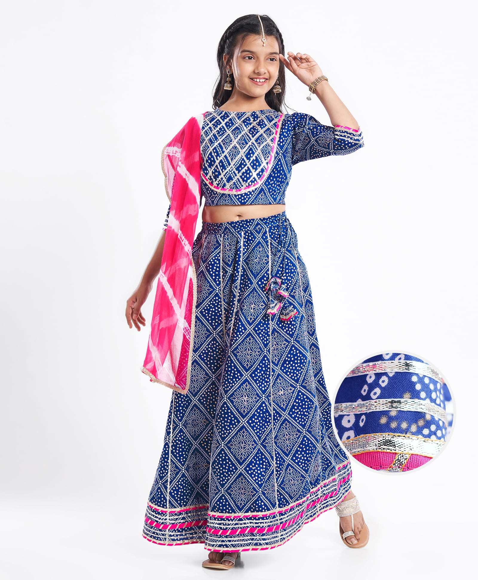 Pine Kids Rayon Woven Full Sleeves Choli Lehenga Set & Dupatta With Bandhani Print & Lace Detailing - Blue-image-48