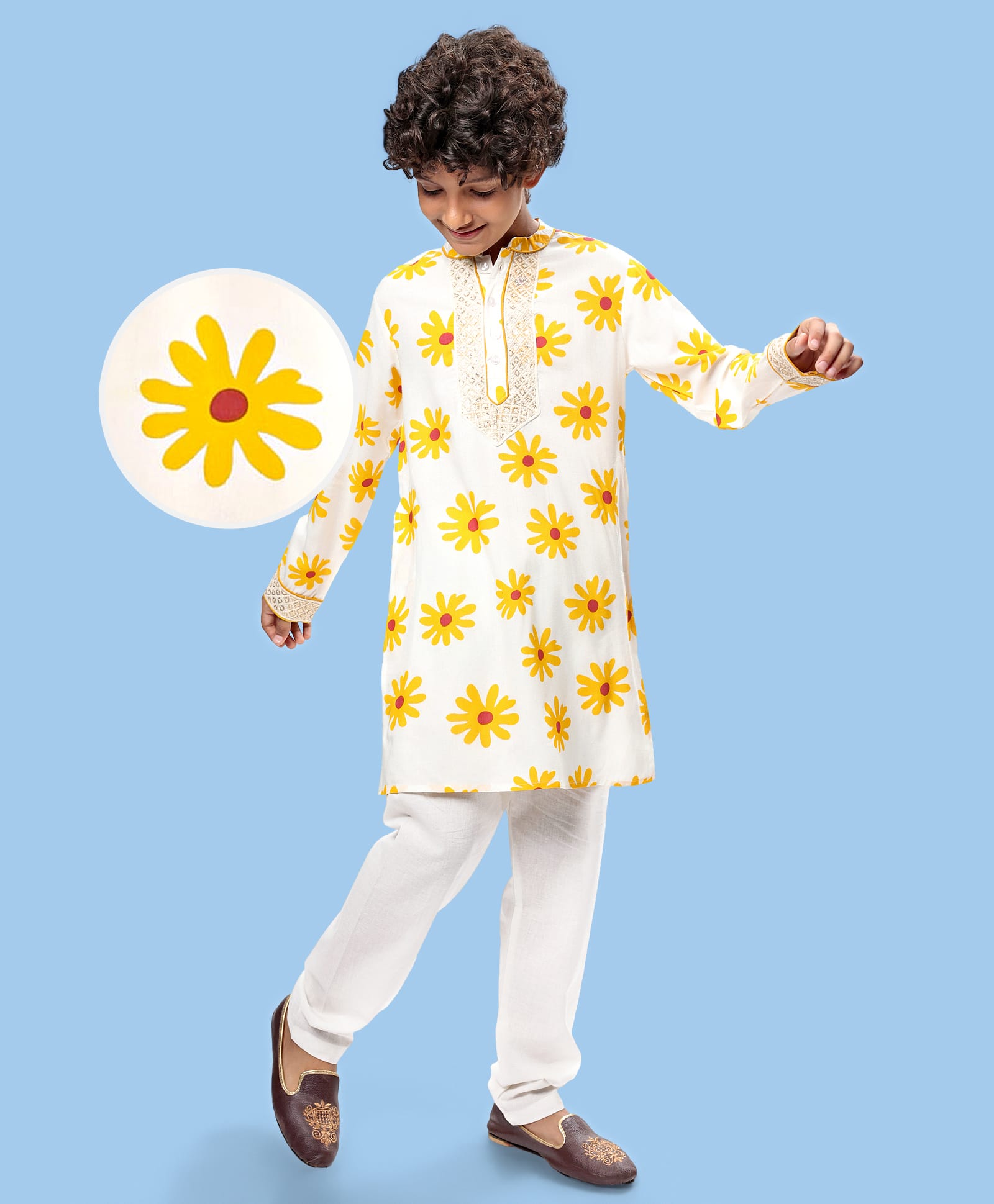 Pine Kids Woven Full Sleeves Kurta & Pajama Set with Lace Detailing & Floral Print - White-image-44
