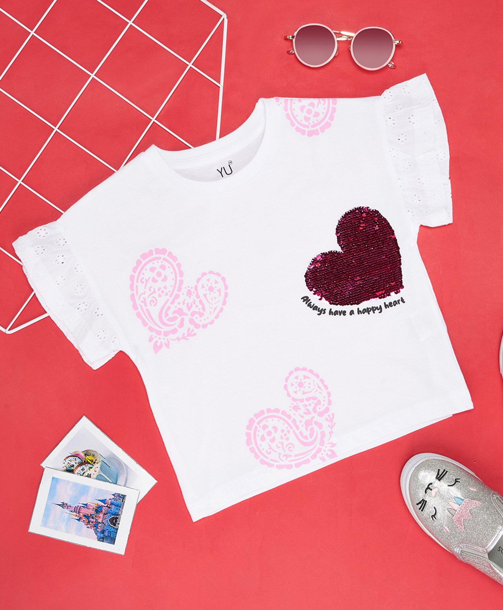 YU by Pantaloons Cotton Half Schfilli Sleeves Heart Shaped Sequins Embellished Top - White-image-17