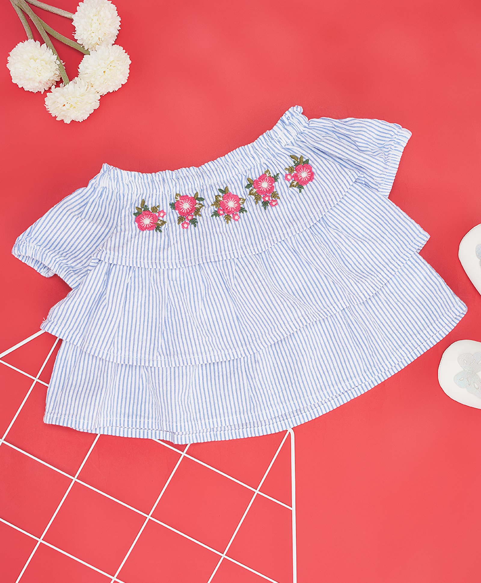 YU by Pantaloons Cotton Off Shoulder Half Sleeves Floral Embroidered & Striped Top - Blue-picture-31