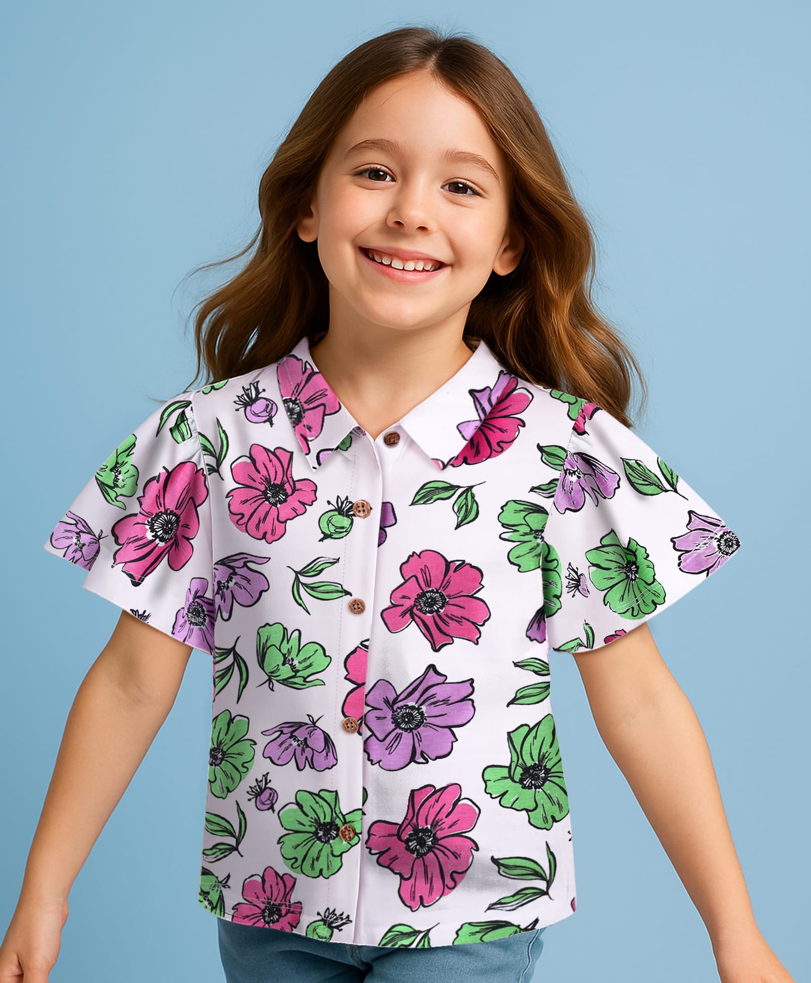 Pine Kids Cotton Knit Flutter Sleeves Top with Floral Print - White-image-45