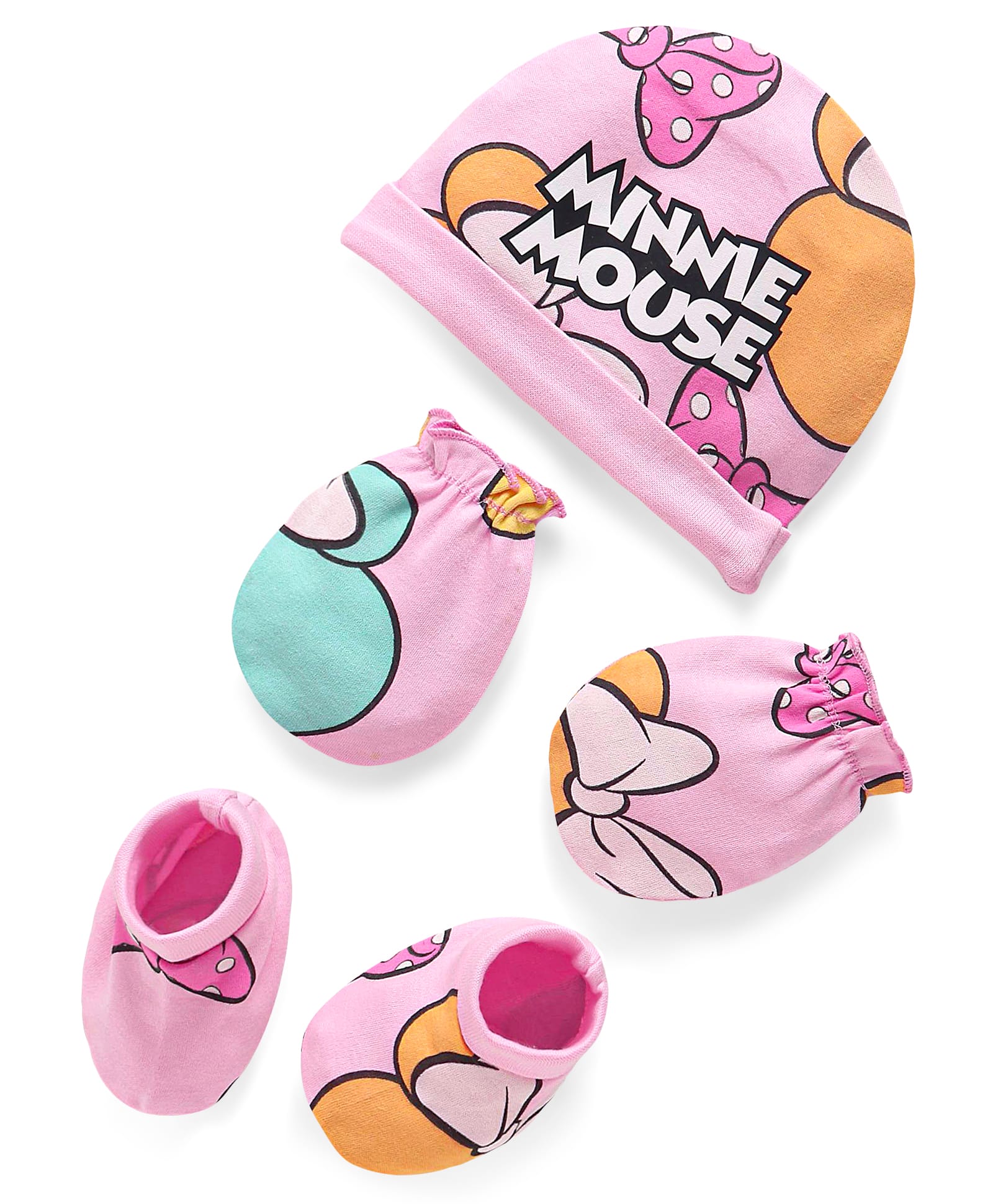 Babyhug Disney Interlock Knit Cap Mittens & Booties Set With Minnie Mouse Graphics - Pink-image-10