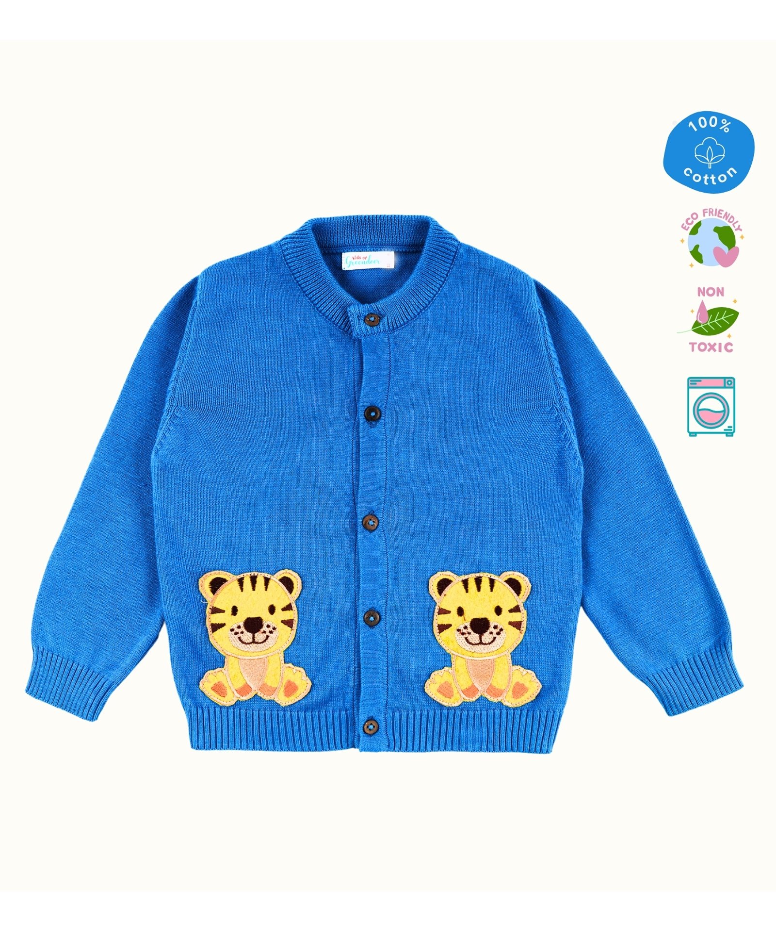 kids of greendeer Greendeer 100% Cotton Full Sleeves Baby Tigers Patch Embroidered Sweater - Greek Blue-picture-14