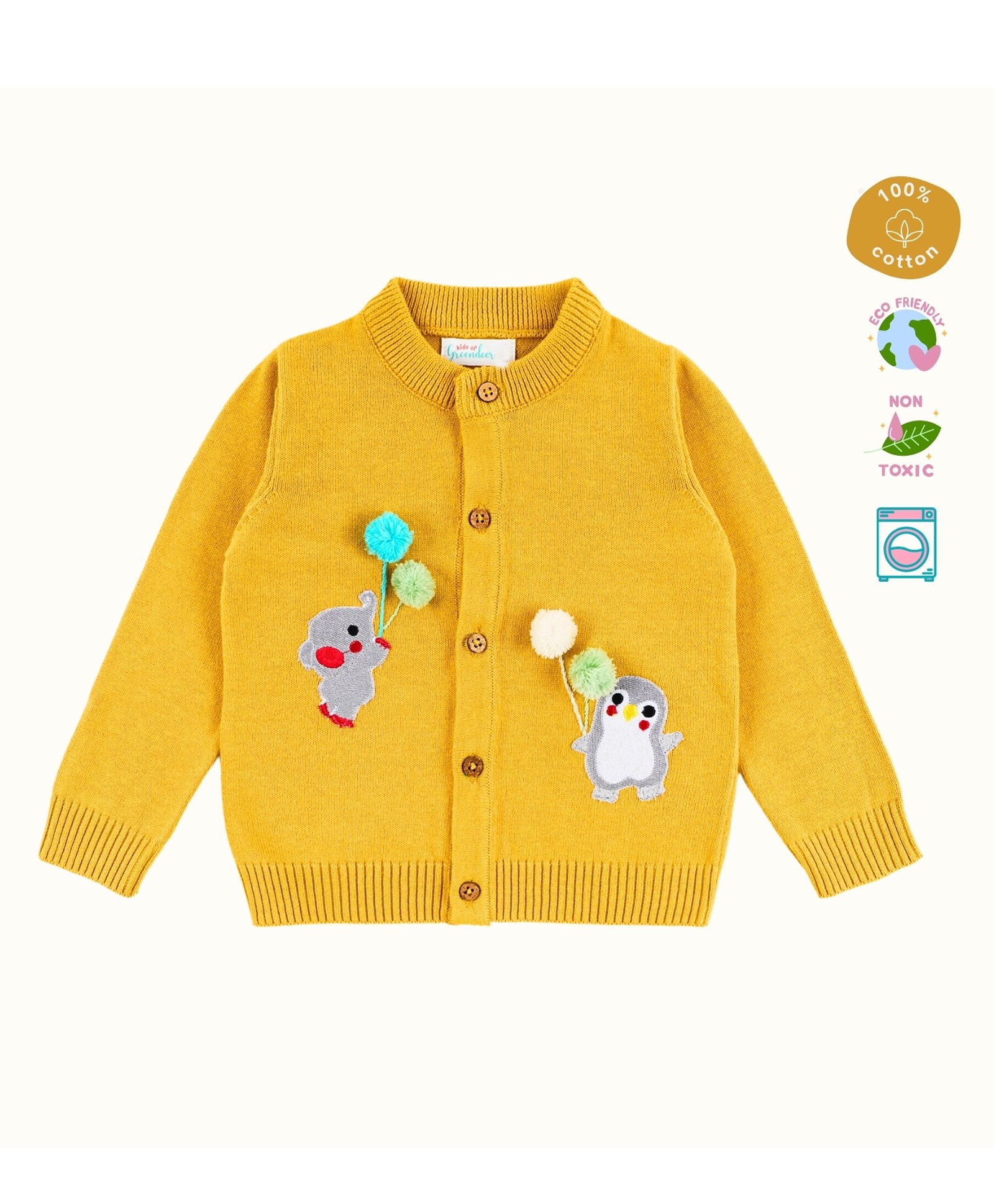 kids of greendeer Greendeer 100% Cotton Full Sleeves Animals Embroidered Pompom Embellished Sweater - Mustard-picture-27