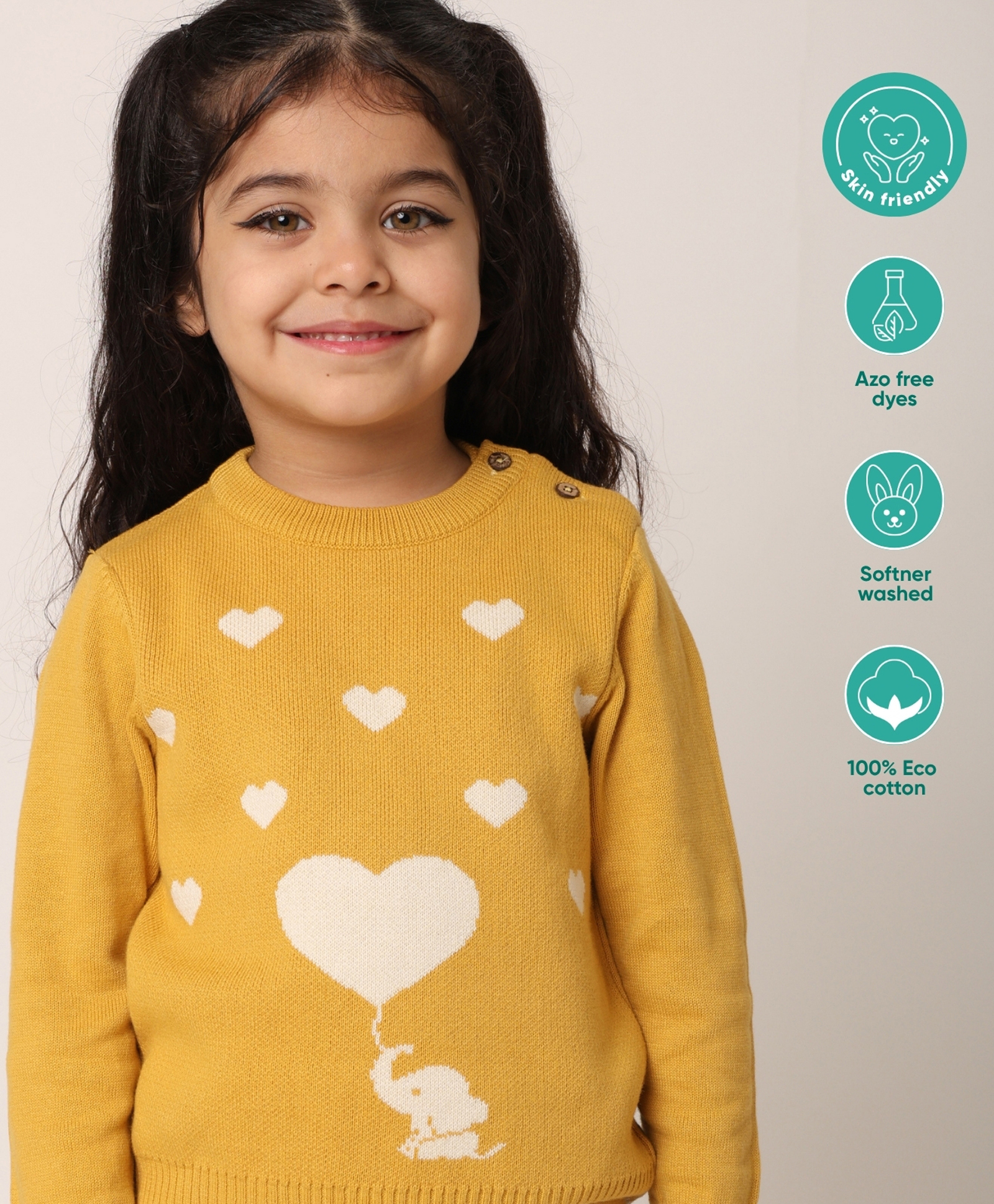 kids of greendeer Greendeer 100% Cotton Full Sleeves Baby Elephant & Hearts Designed Sweater - Mustard-picture-12