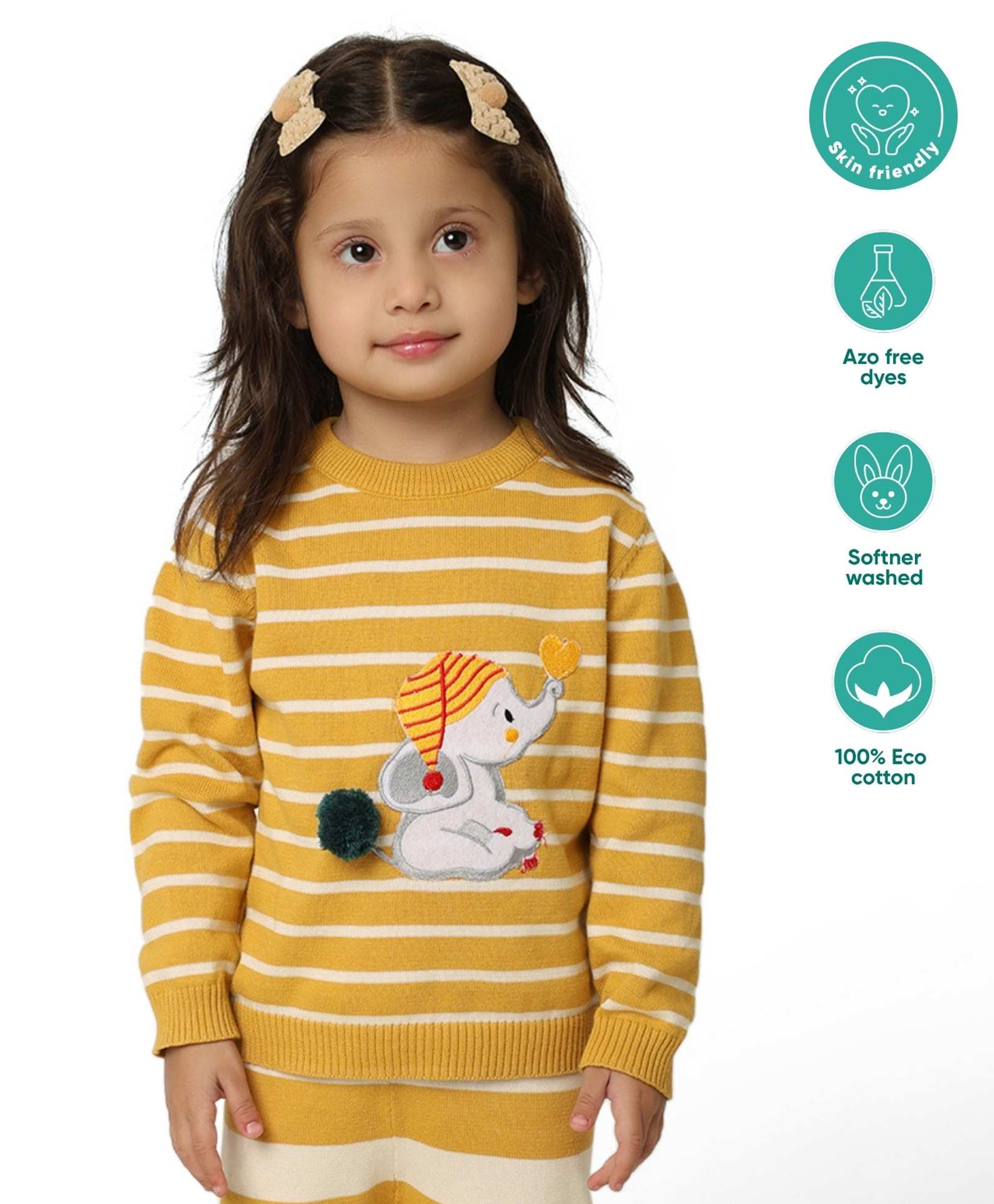 kids of greendeer Greendeer 100% Cotton Full Sleeves Baby Elephant Patch Embroidered & Striped Sweater - Mustard-picture-10