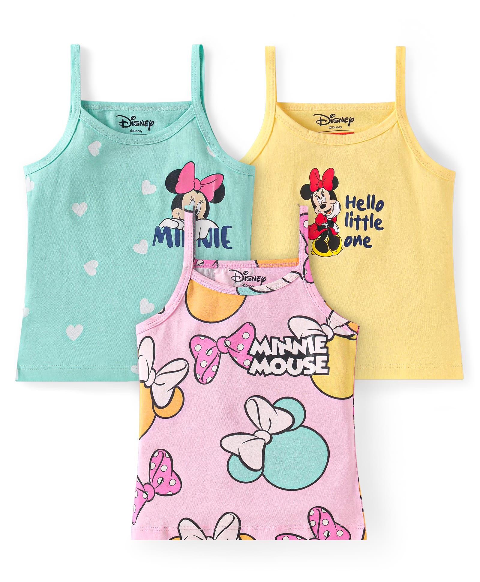 Babyhug Disney Single Jersey Knit Singlet Sleeves Slips with Minnie Mouse Family Graphics Pack of 3 -Pink Yellow & Light Blue-image-48