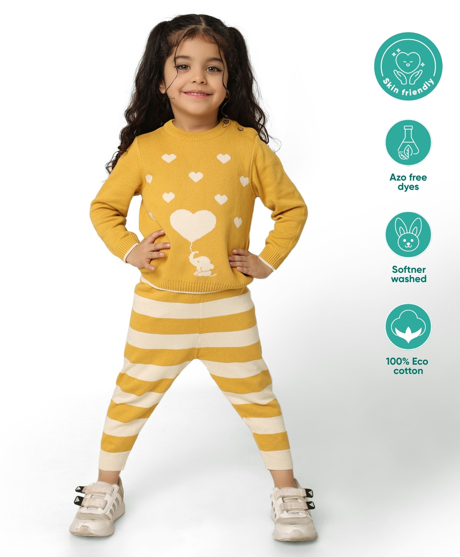 kids of greendeer Greendeer 100% Cotton Full Sleeves Elephant & Heart Designed Sweater Set - Mustard-picture-24