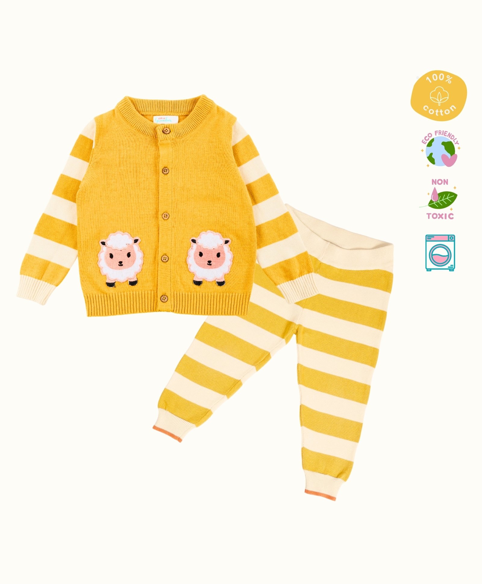 kids of greendeer Greendeer 100% Cotton Full Sleeves Sheep Embroidered Sweater Set - Mustard-picture-21