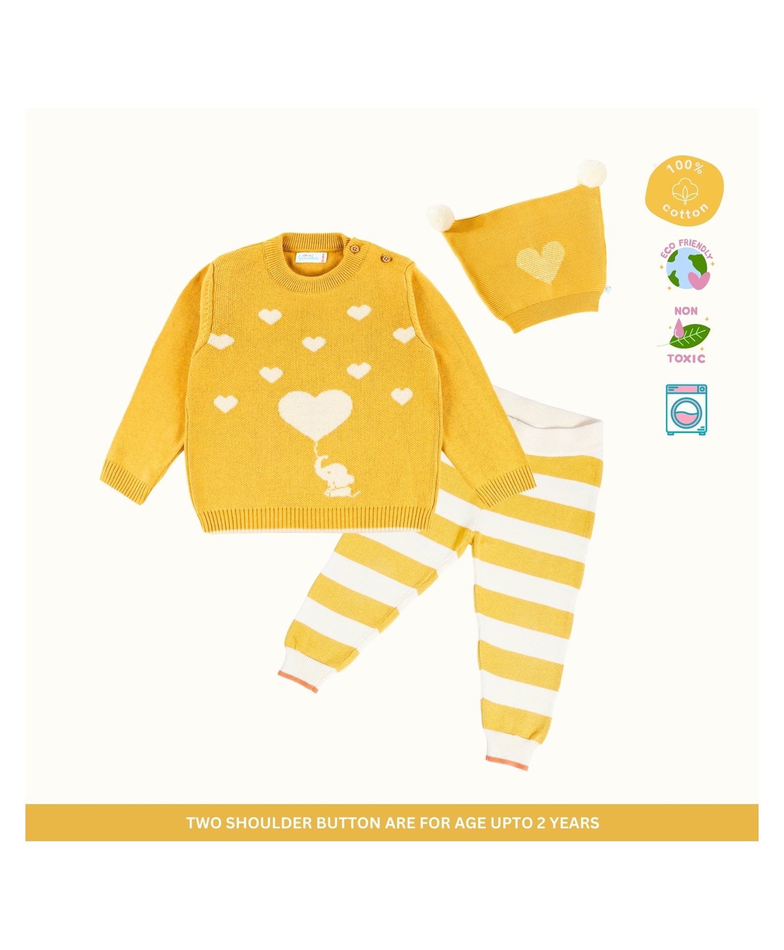 kids of greendeer Greendeer 100% Cotton Full Sleeves Elephant & Heart Designed Sweater Set - Mustard-picture-20