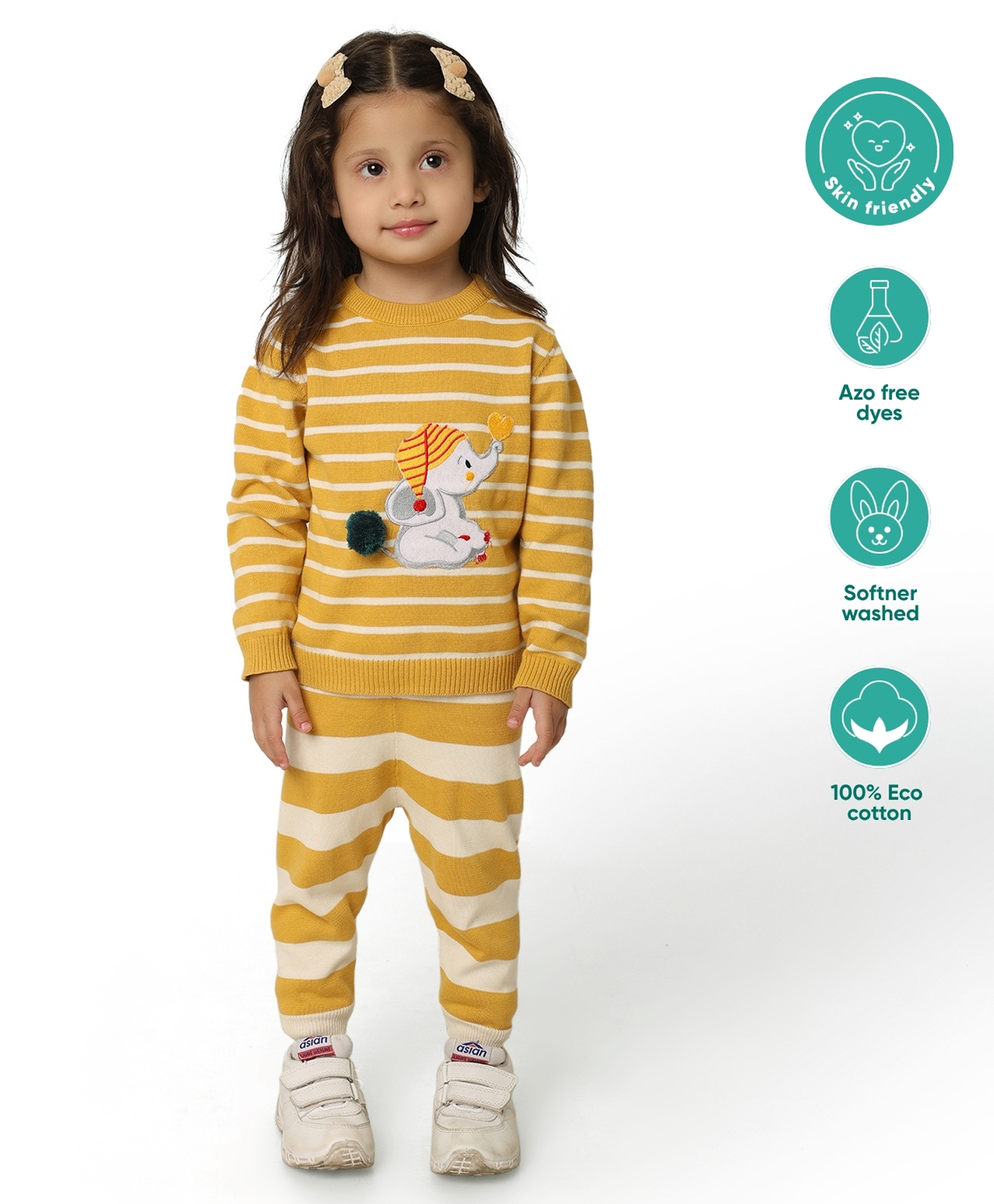 kids of greendeer Greendeer 100% Cotton Full Sleeves Elephant Embroidered & Striped Sweater Set - Mustard-picture-32
