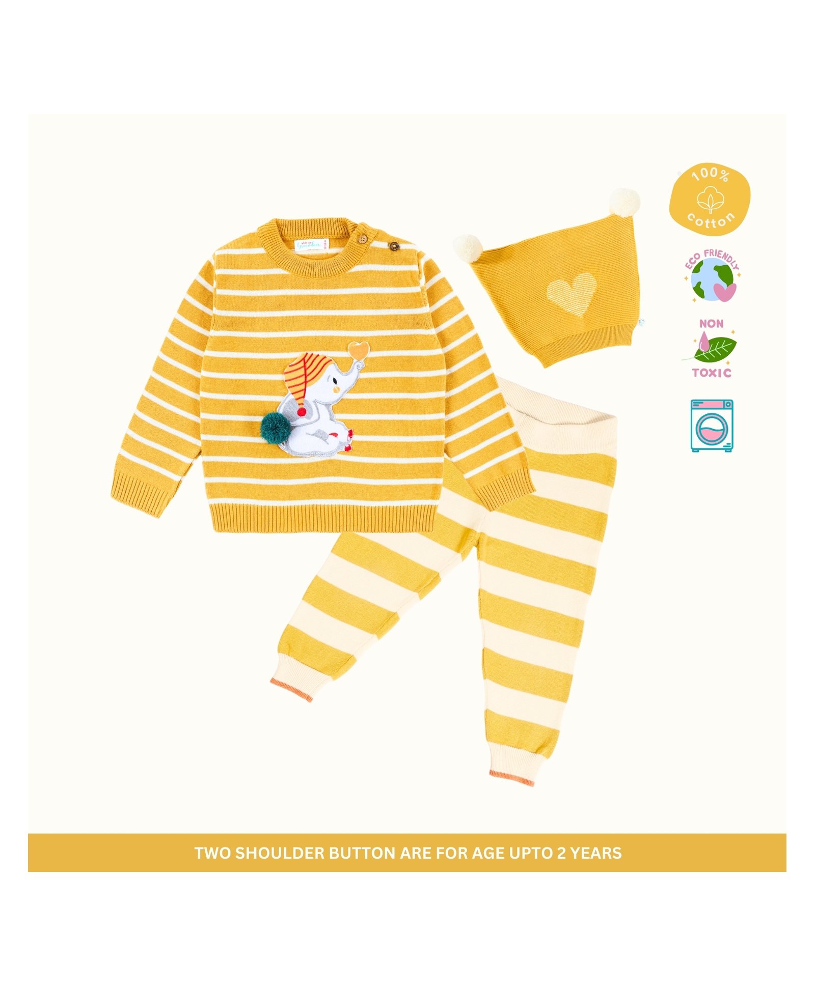 kids of greendeer Greendeer 100% Cotton Full Sleeves Elephant Embroidered & Striped Sweater Set - Mustard-picture-34