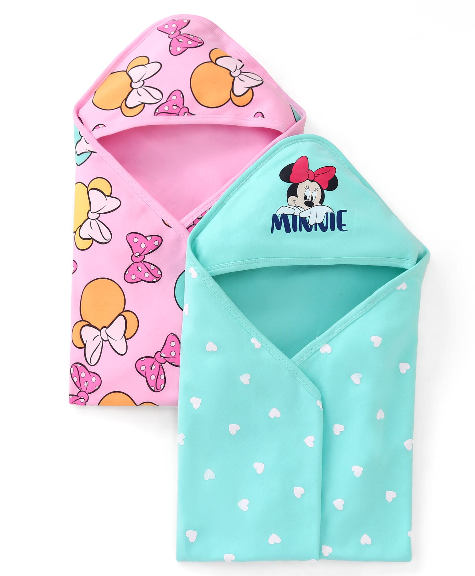 Babyhug Disney 100% Cotton Towel With Hood And Minnie Mouse Family Graphics L 76 X B 76 cm Pack Of 2 - Pink & Light Blue-image-10