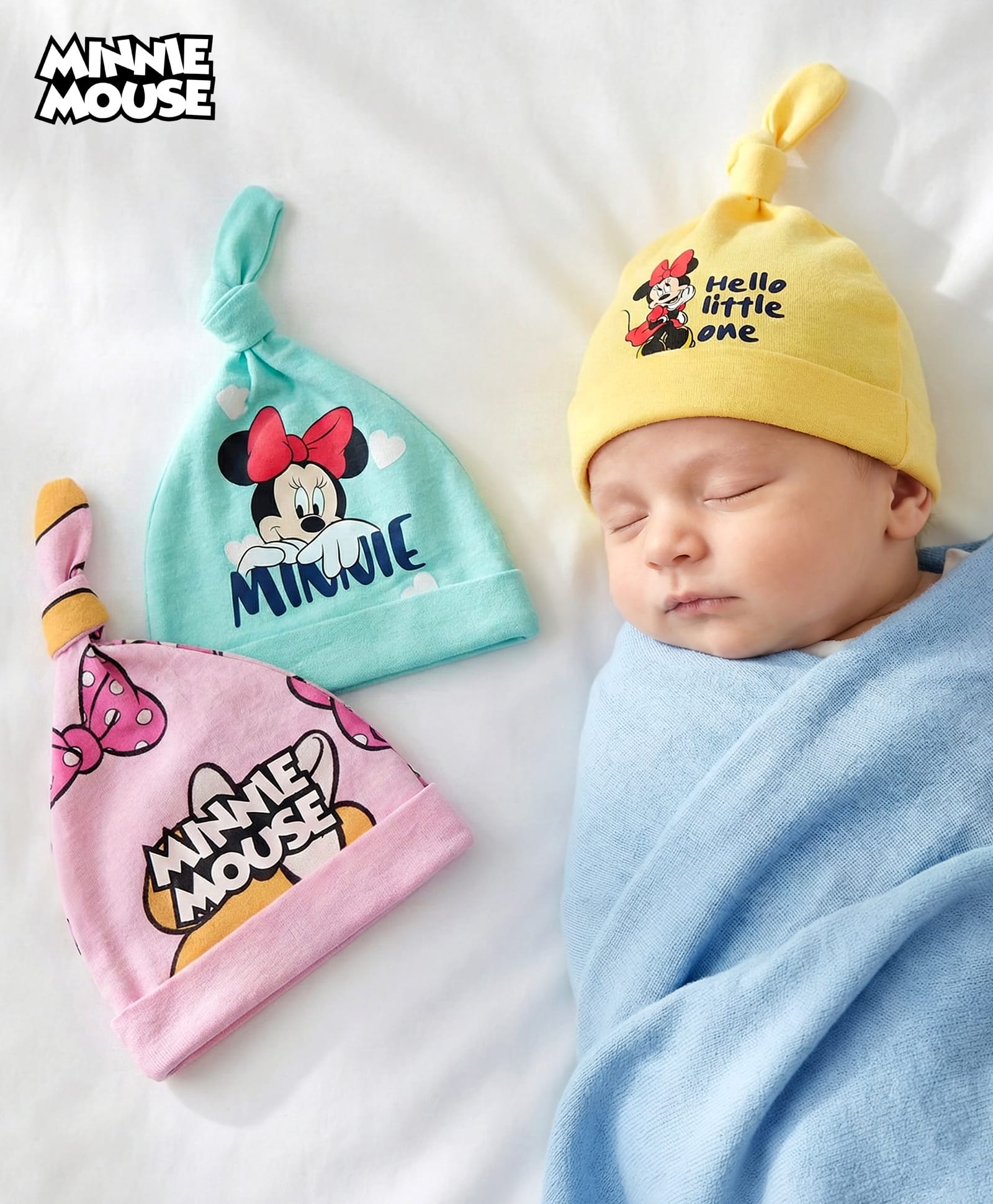 Babyhug Disney Interlock Knit Knot Cap With Minnie Mouse Graphics Pack Of 3 - Yellow Light Blue & Pink-picture-24