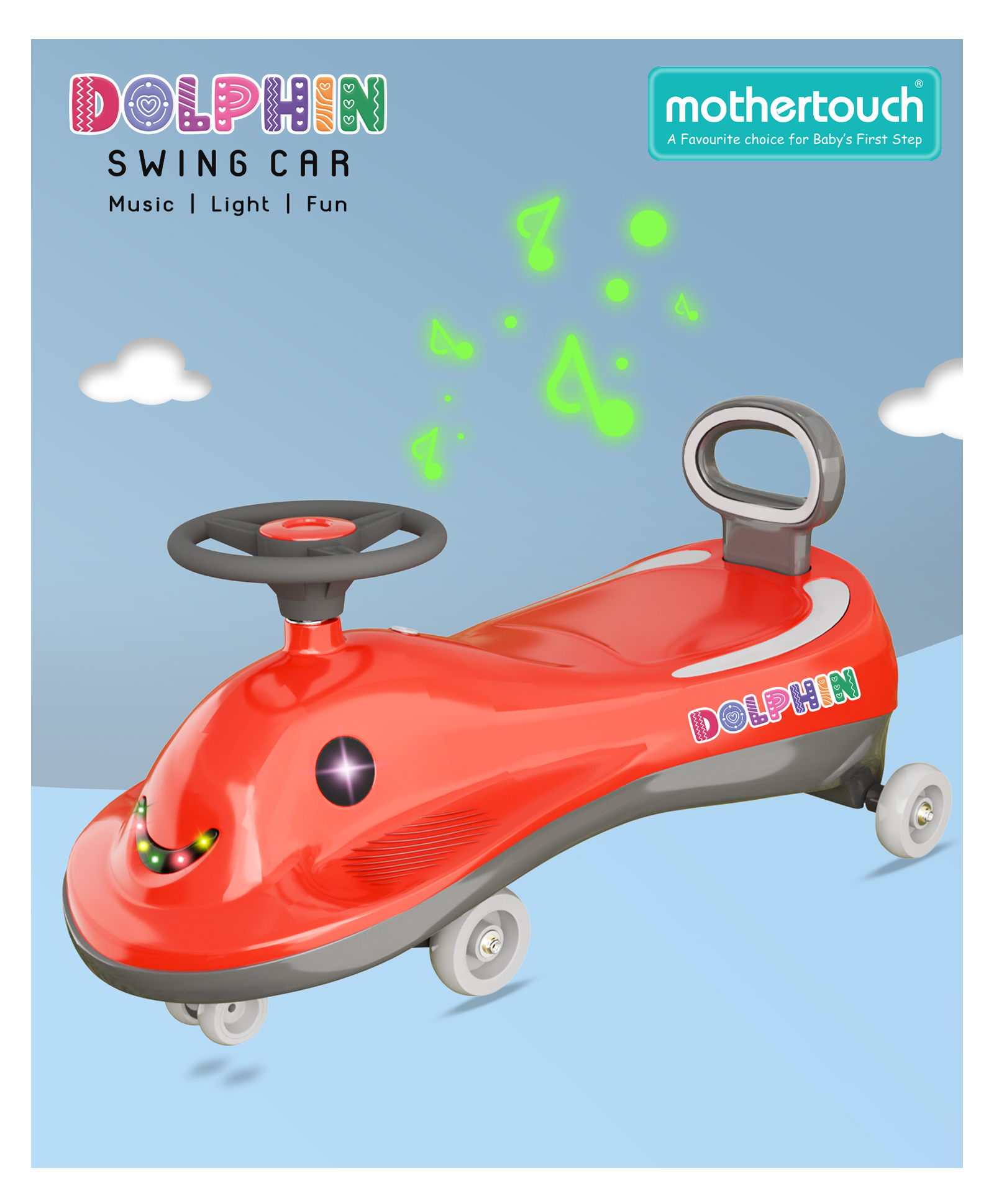 Mothertouch Dolphin Swing Car 5 Melodious Music Durable ABEC Bearing Smooth Wheel Rideon Twister Magic Car for Kids - Red