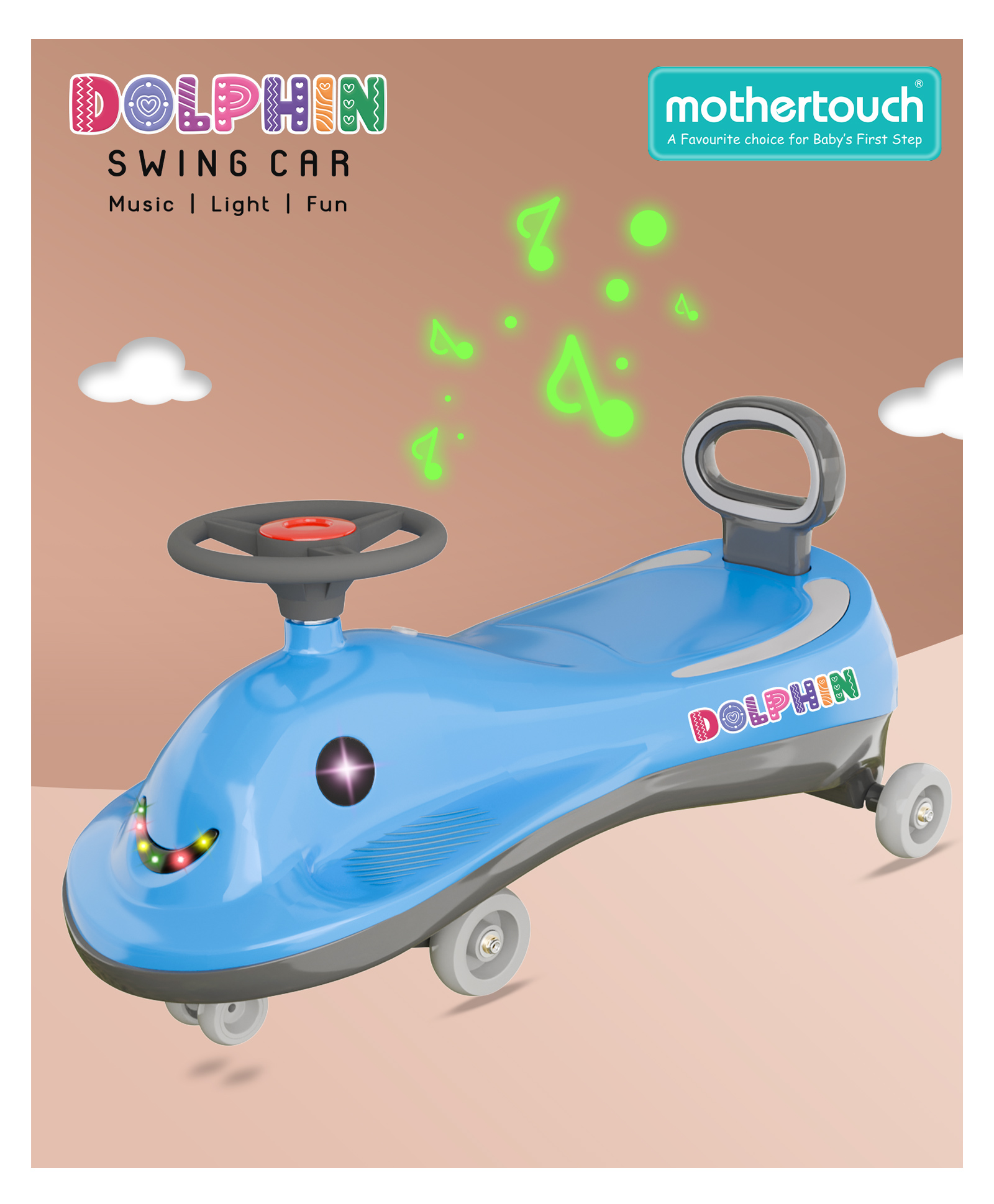 Mothertouch Dolphin Swing Car 5 Melodious Music Durable ABEC Bearing Smooth Wheel Rideon Twister Magic Car for Kids - Blue
