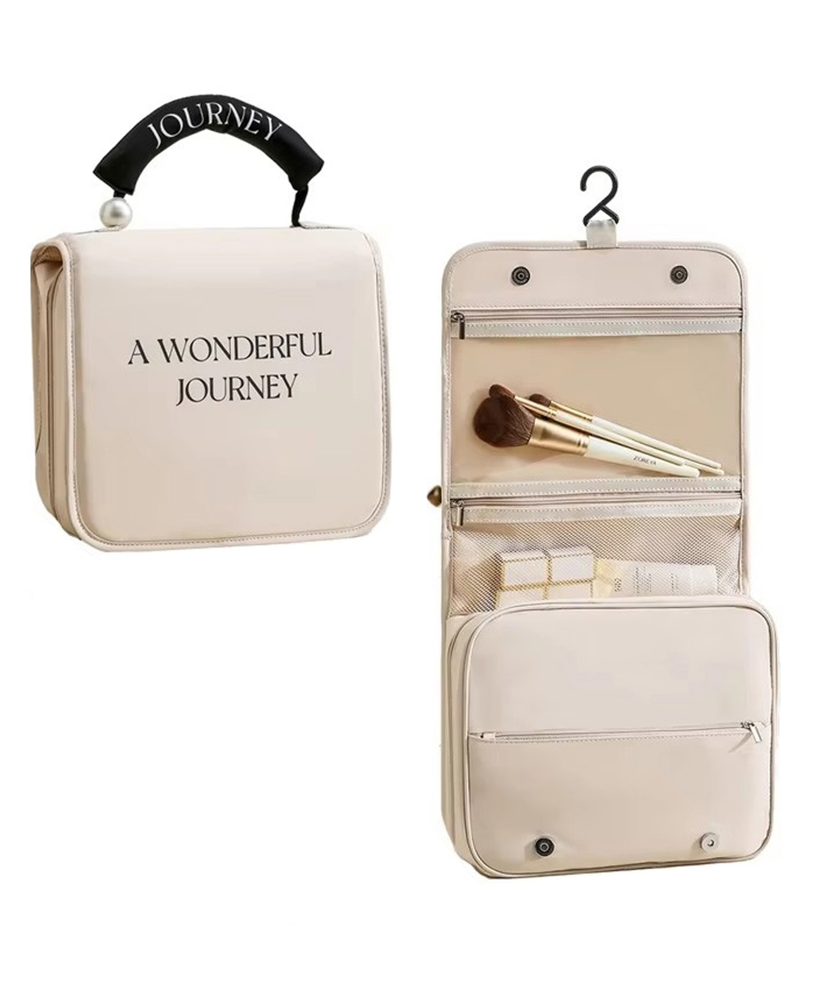 Uninest Toiletry Bag for Travel - Cosmetic Makeup Pouch Organizer, Waterproof Foldable & Multifunction Portable Brush/Shaving Kit/Medicine Holder Bag for Women's (Beige)-image-4