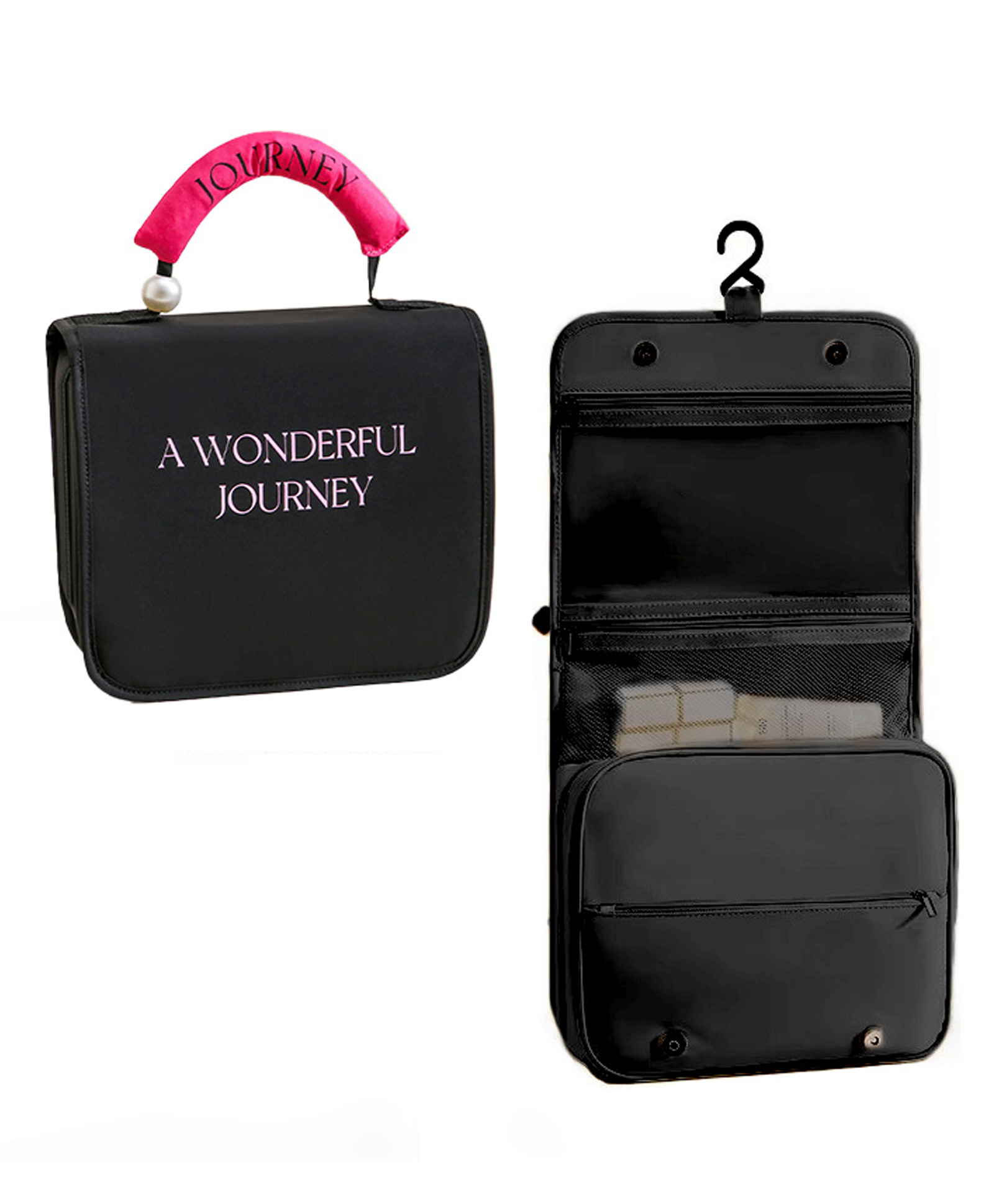 Uninest Toiletry Bag for Travel - Cosmetic Makeup Pouch Organizer, Waterproof Foldable & Multifunction Portable Brush/Shaving Kit/Medicine Holder Bag for Women's (Black)-image-2