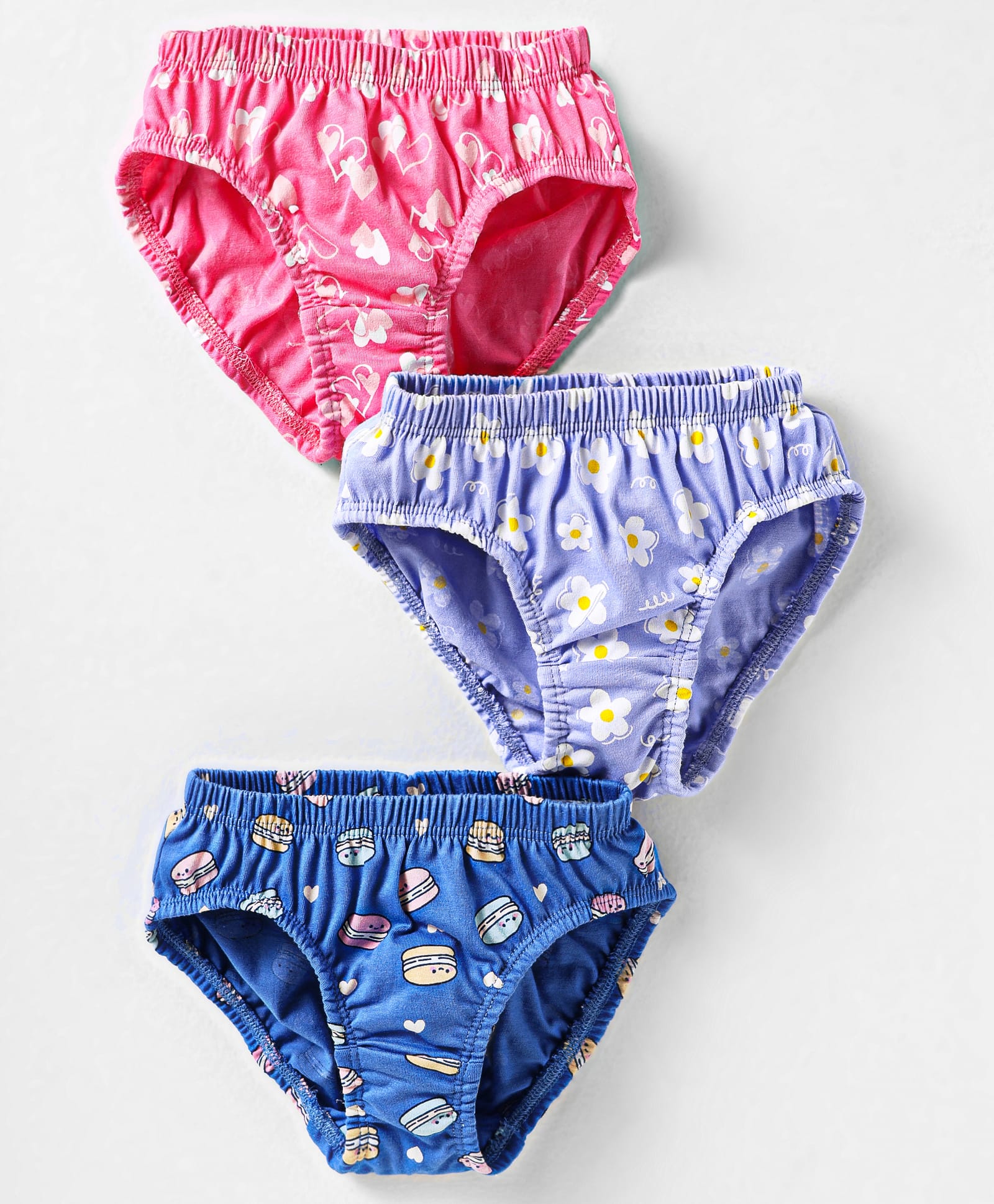 Revvo Junior Single Jersey Knit Panties With Floral Heart & Macaron Print Pack Of 3 - Pink Purple & Blue-image-3