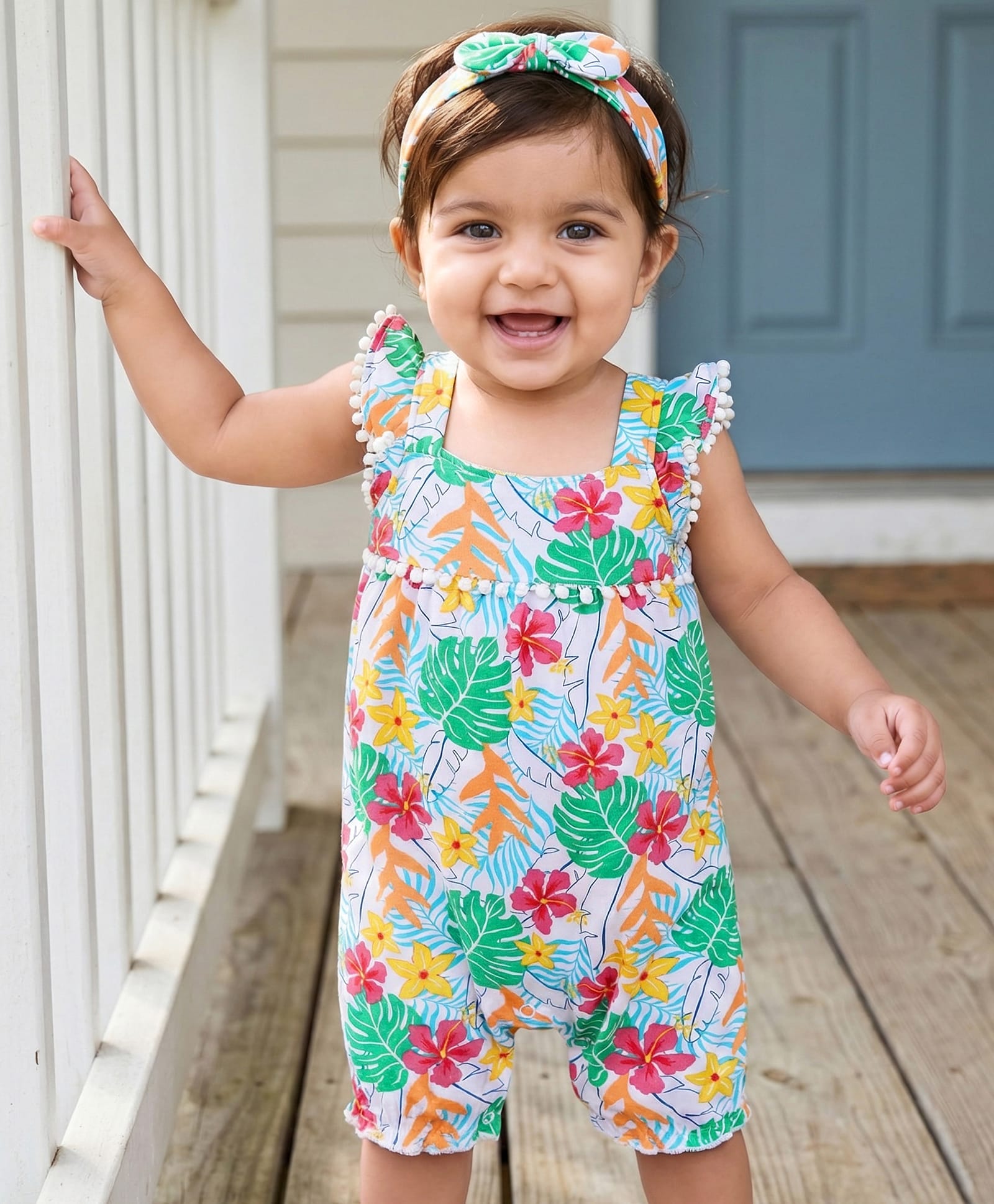 Babyhug Interlock Knit Sleeveless Romper & Head Band with Floral Print - White & Green-image-8