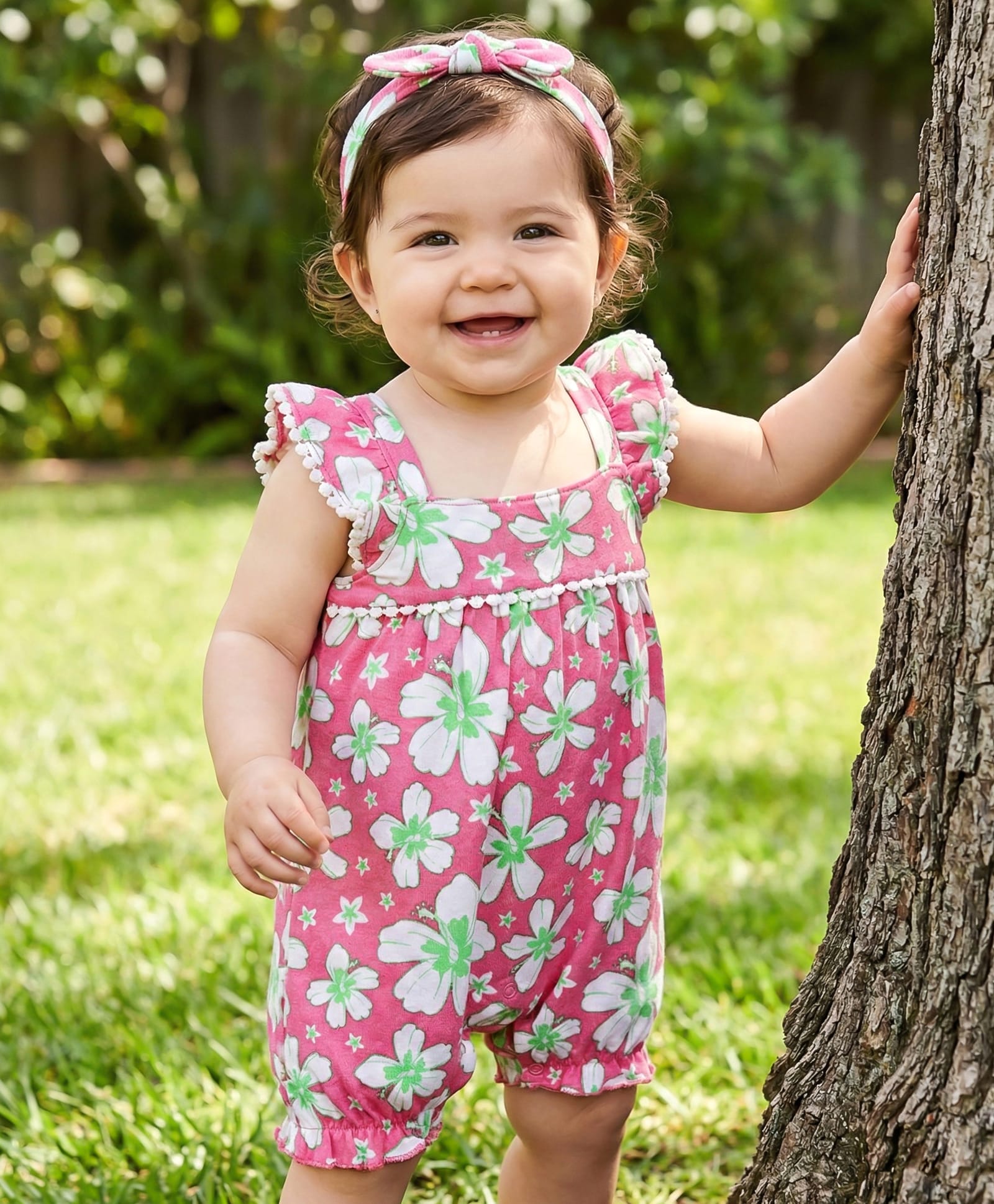 Babyhug 100% Cotton Knit Frill Sleeves Romper with Floral Print & Headband - Pink-image-34