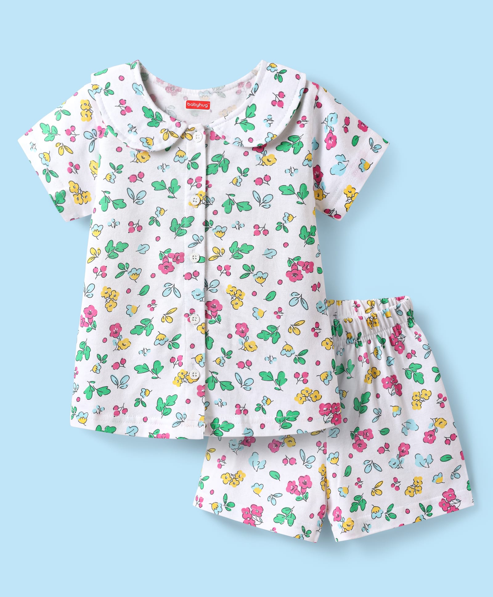 Babyhug Cotton Knit Half Sleeves Co-ords Peter Pan Collared Front Open Shorts Night Suit with Tropical Theme Print - White-image-33