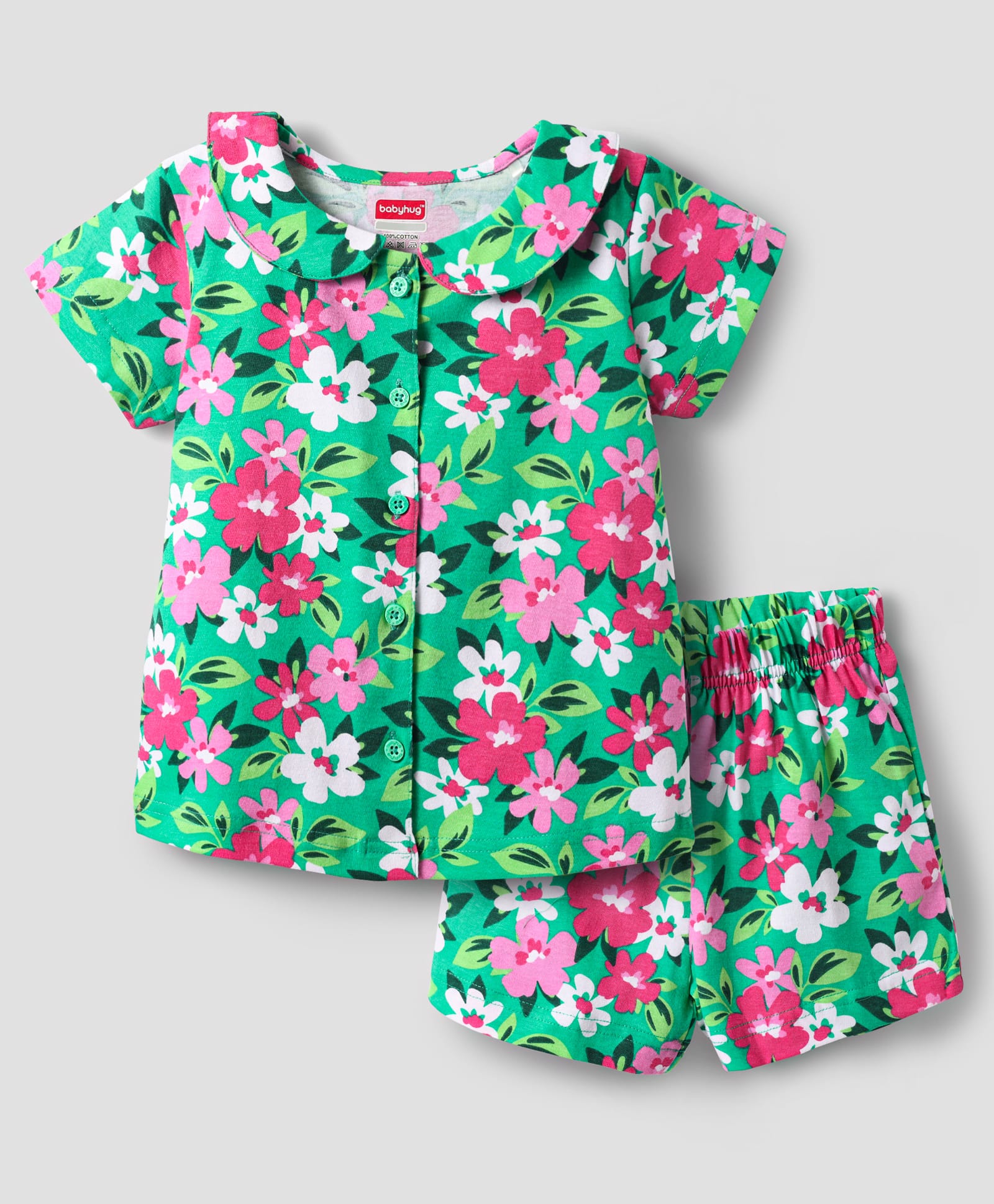 Babyhug Cotton Knit Half Sleeves Co-ords Peter Pan Collared Front Open Shorts Night Suit with Floral Print - Green-image-31
