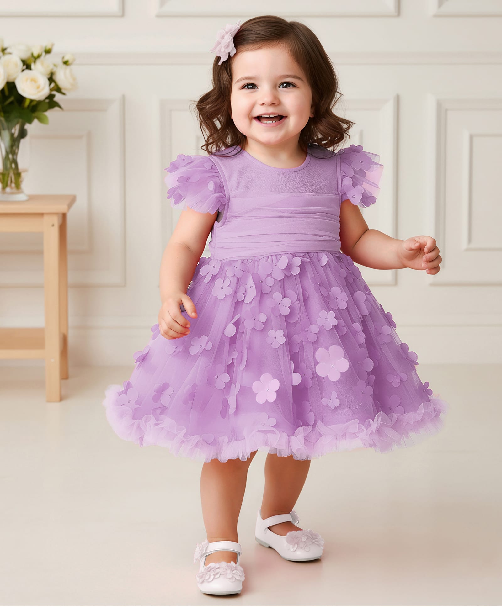 Mark & Mia Woven Frill Sleeves Party Onesie With Floral Applique - Lavender-image-36