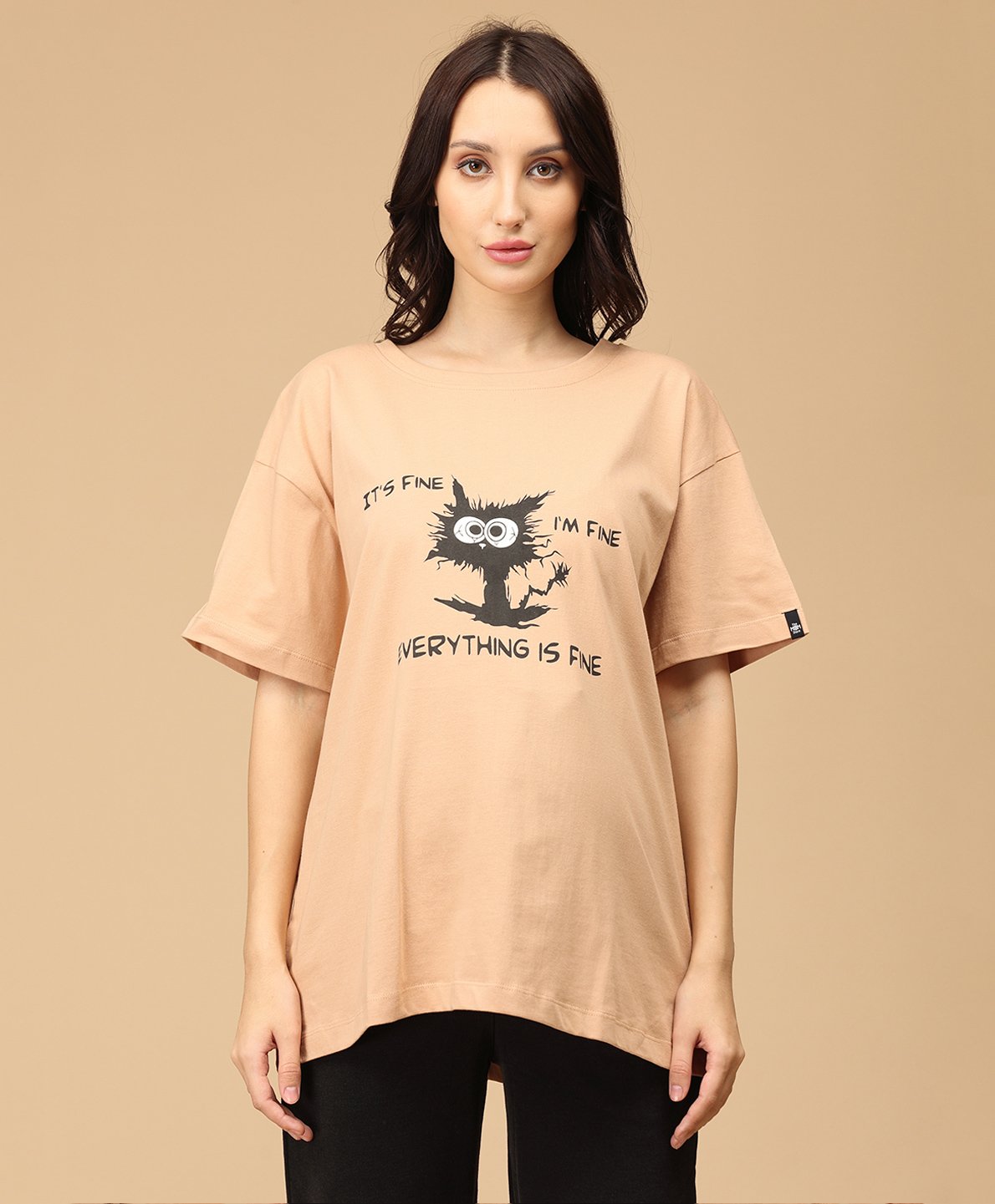 The Mom Store Cotton Half Sleeves Everything Is Fine Text Printed Oversized Maternity Tee - Sand-image-48